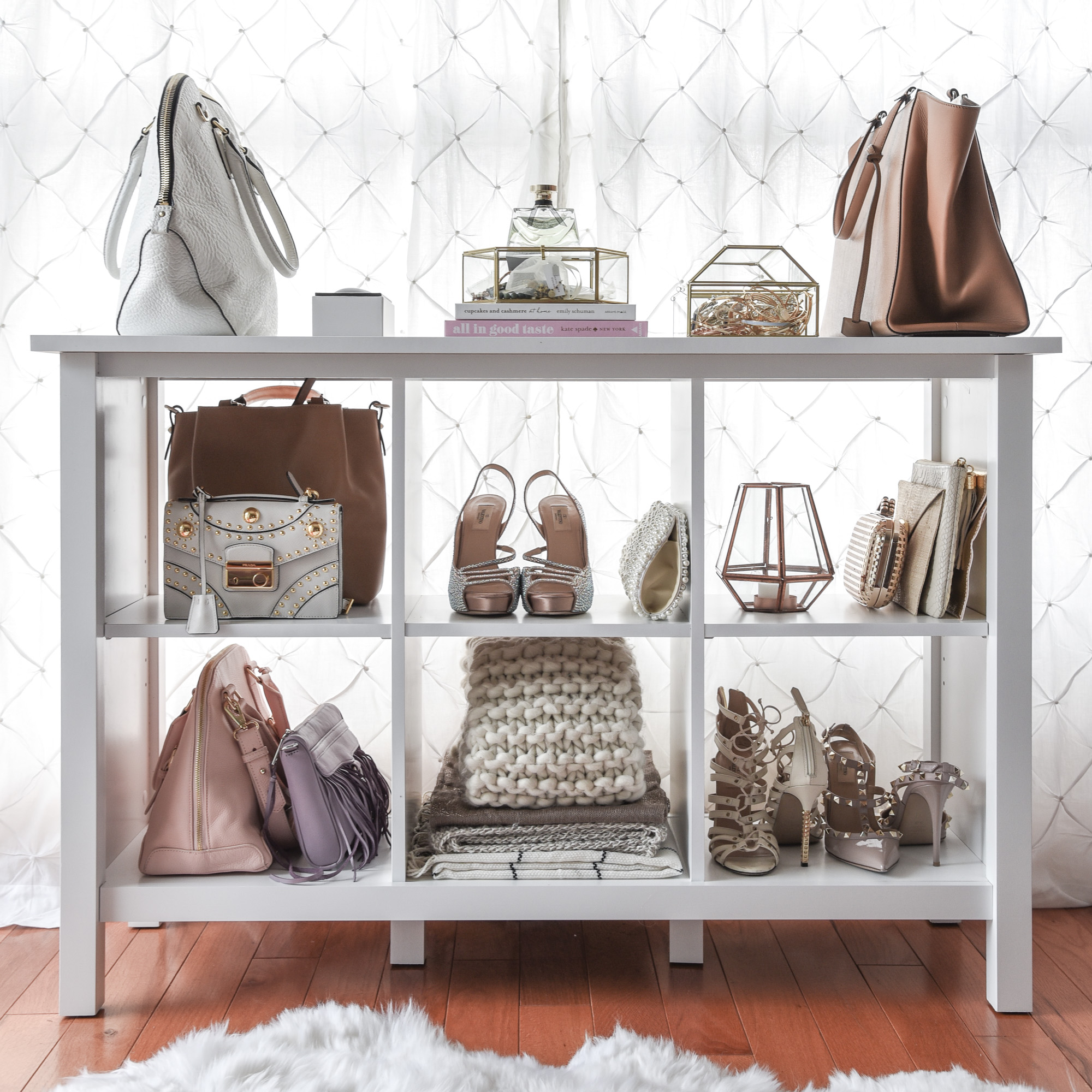 bookshelf storage purses shoes 