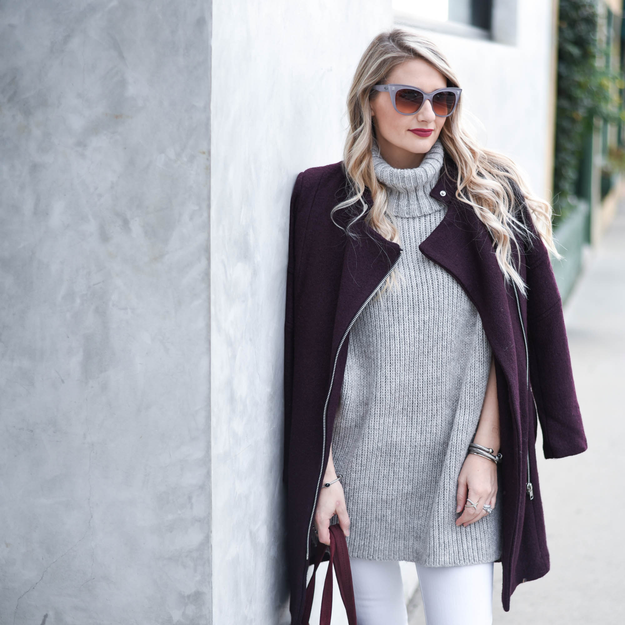 purple wool coat with zippers 