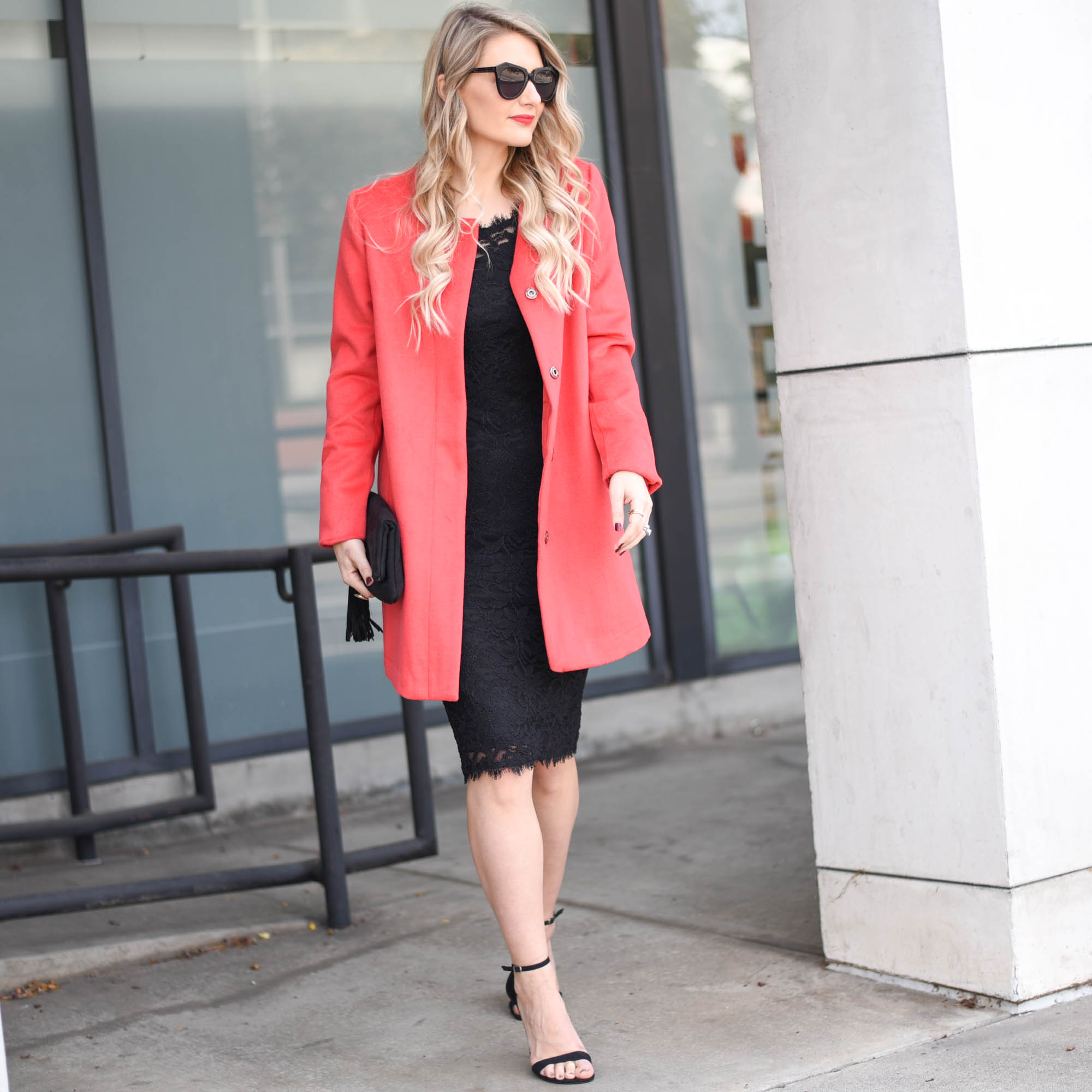 red statement collarless coat 