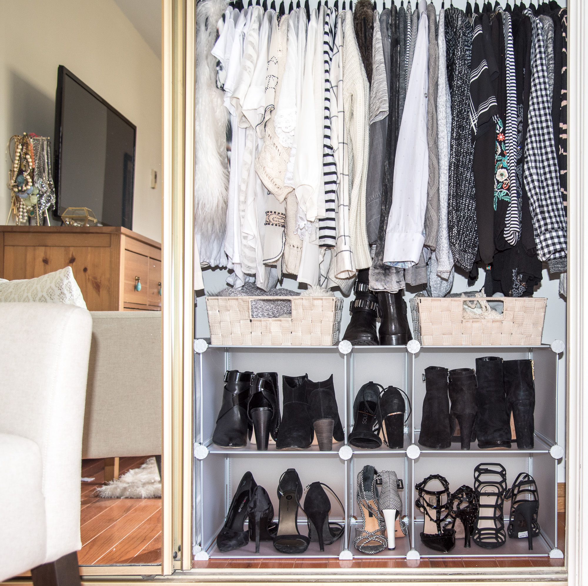 organize your shoes on shelving for the easy styling