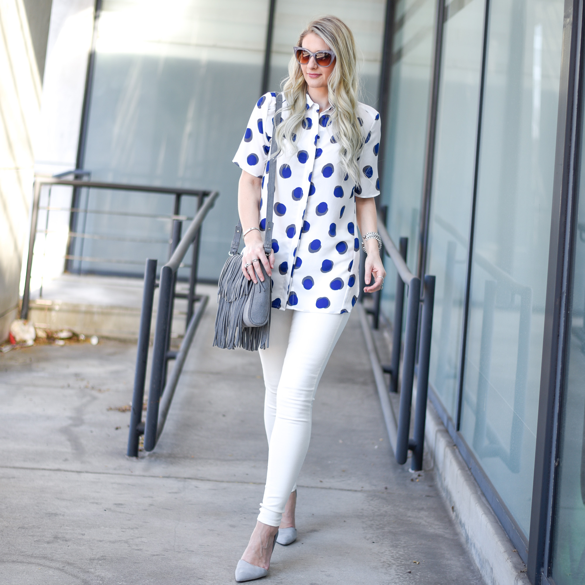 polka dots in blue and grey with a flowy material 