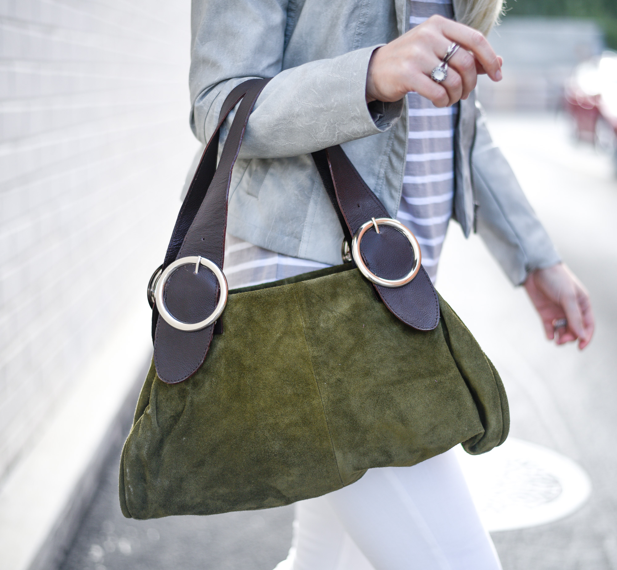 green suede shoulder bags and david yurman ring stack 