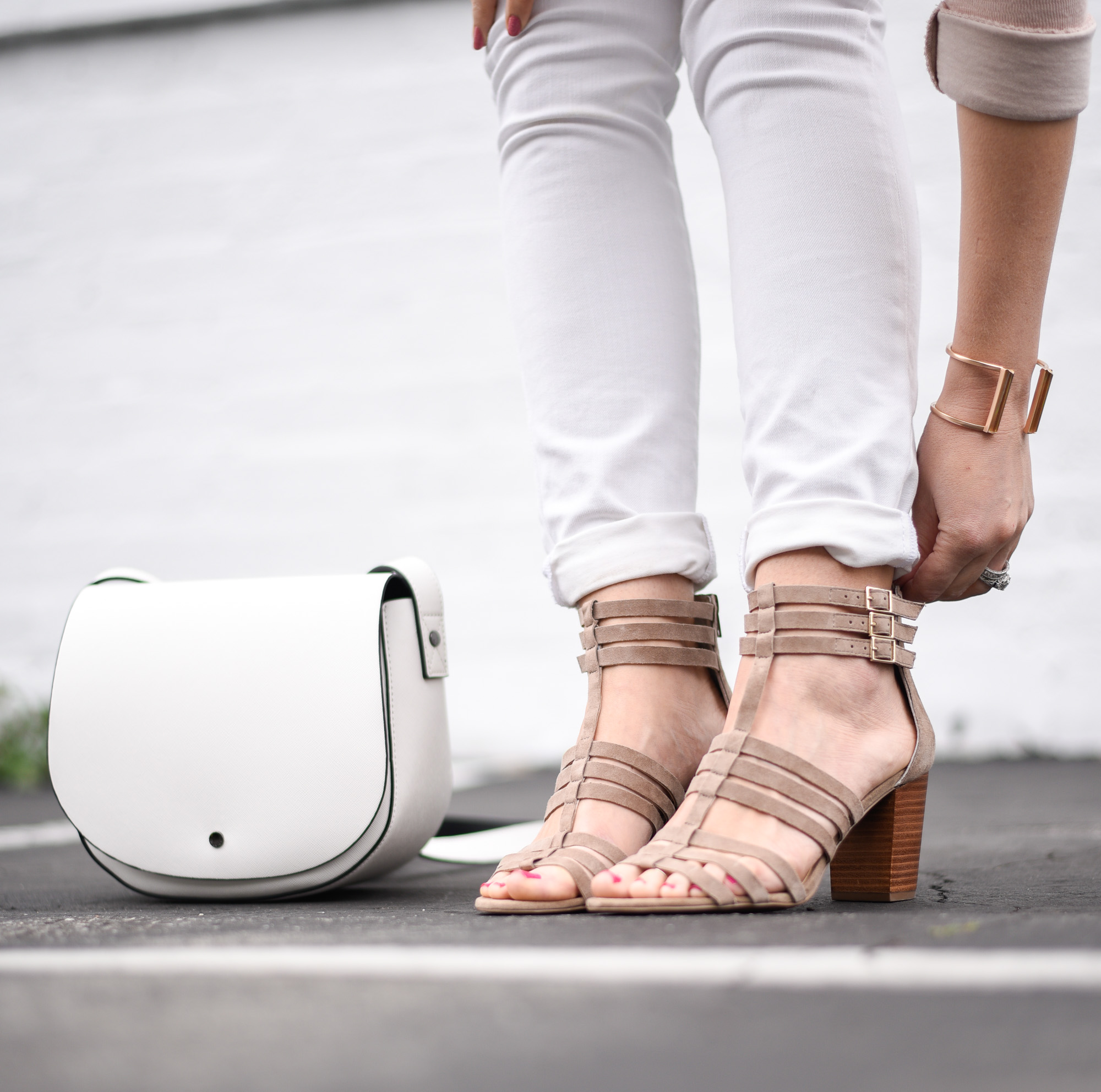 Taupe gladiator sandals with a heel for spring, under $100. 