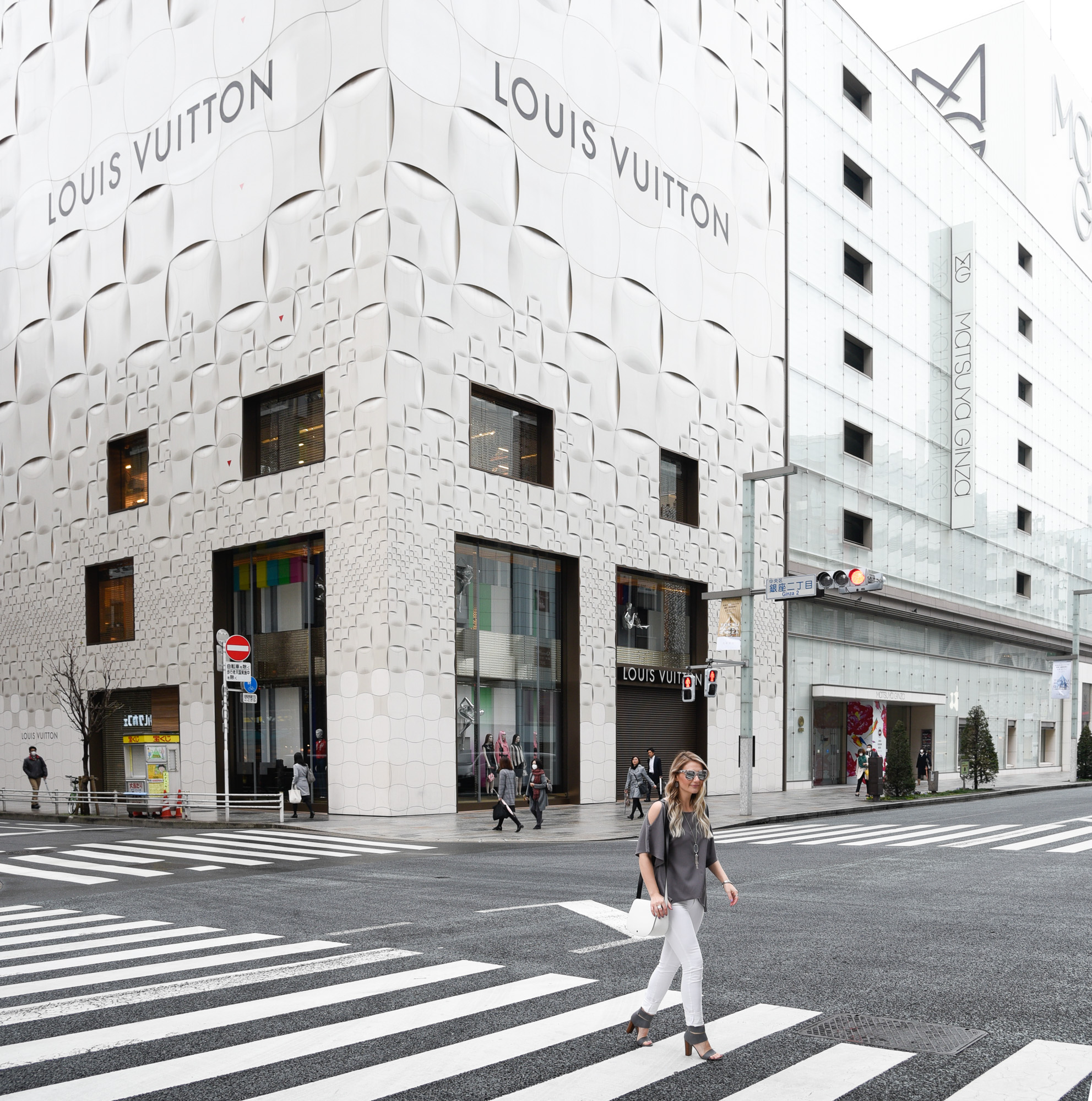 Cold shoulder top in front of the prettiest Louis Vuitton store in Ginza, Tokyo! 