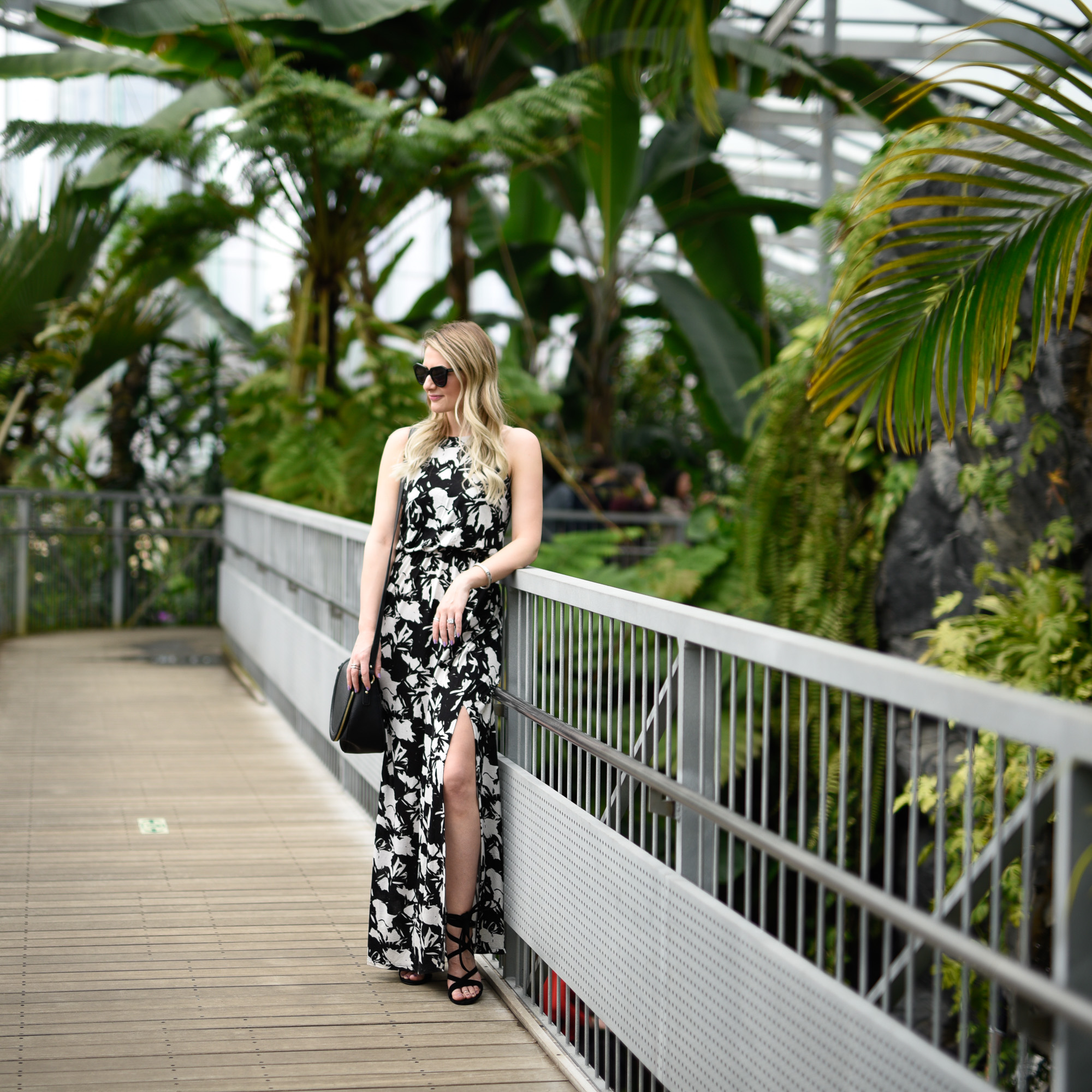 A tropical, botanical maxi dress in a Shinjuku greenhouse. 