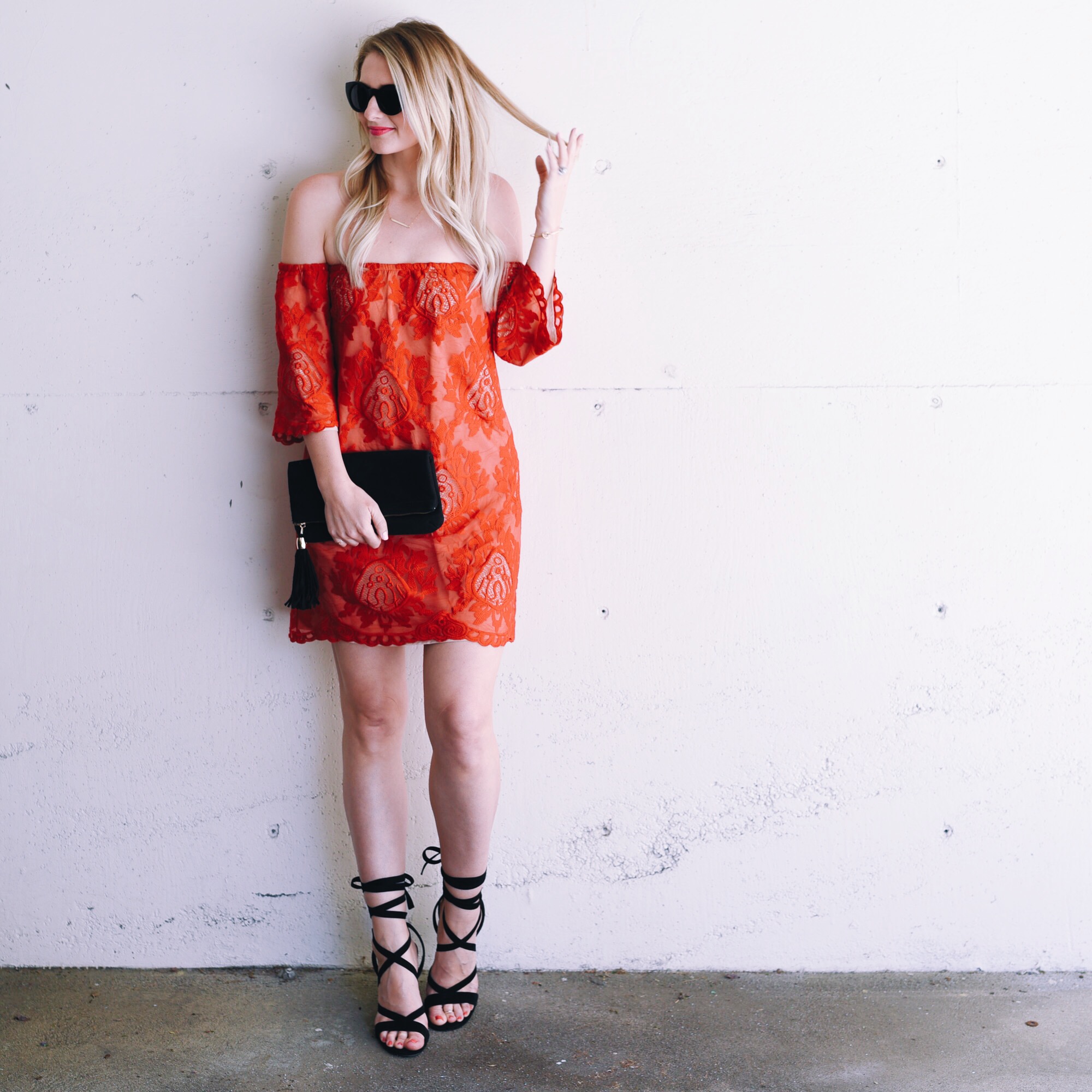 Red off the shoulder lace date night dress 