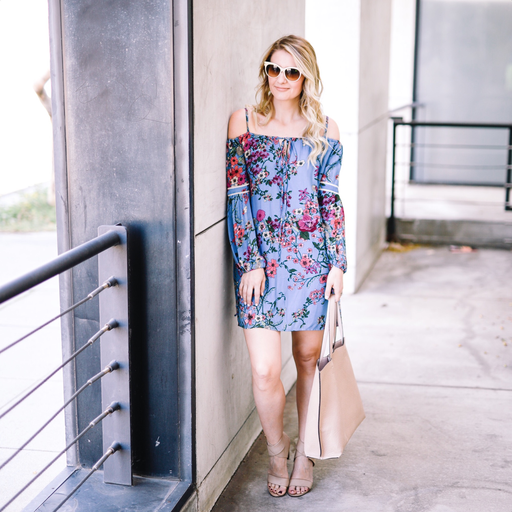 Floral cold shoulder dress on sale in blue 