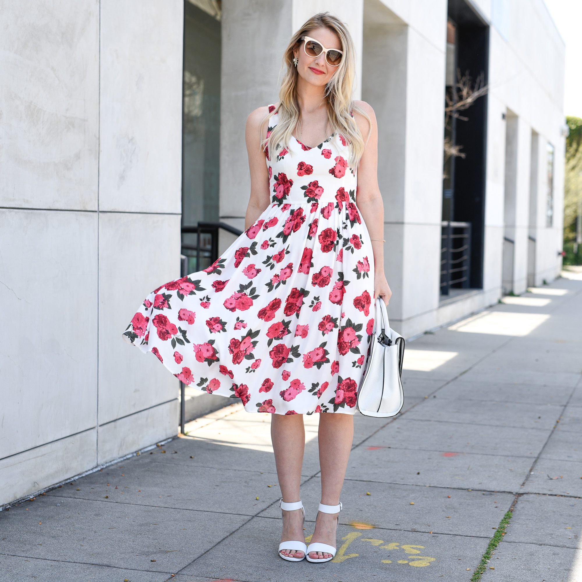 Wedding guest style in a peony printed dress 