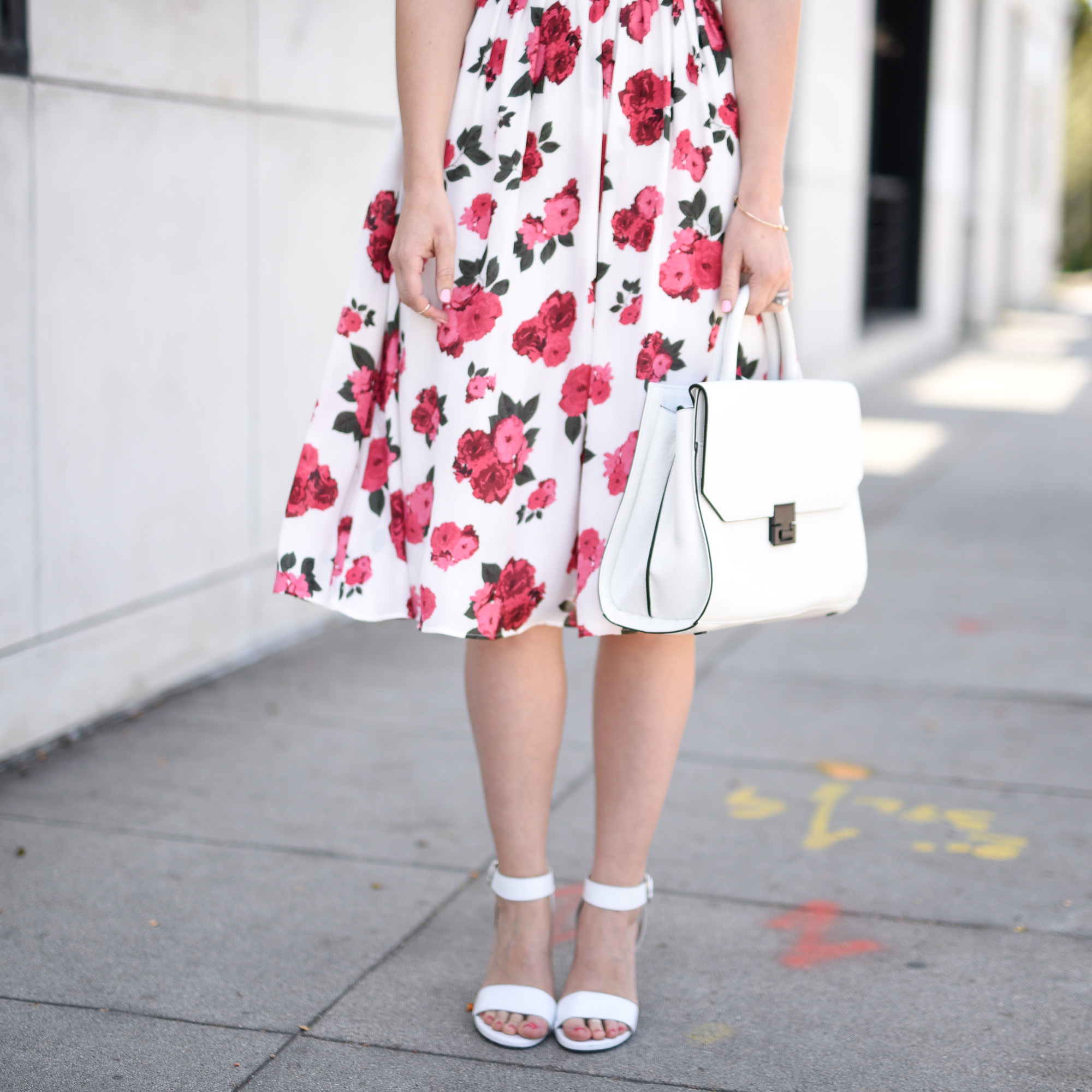 White strappy sandals and a work tote 