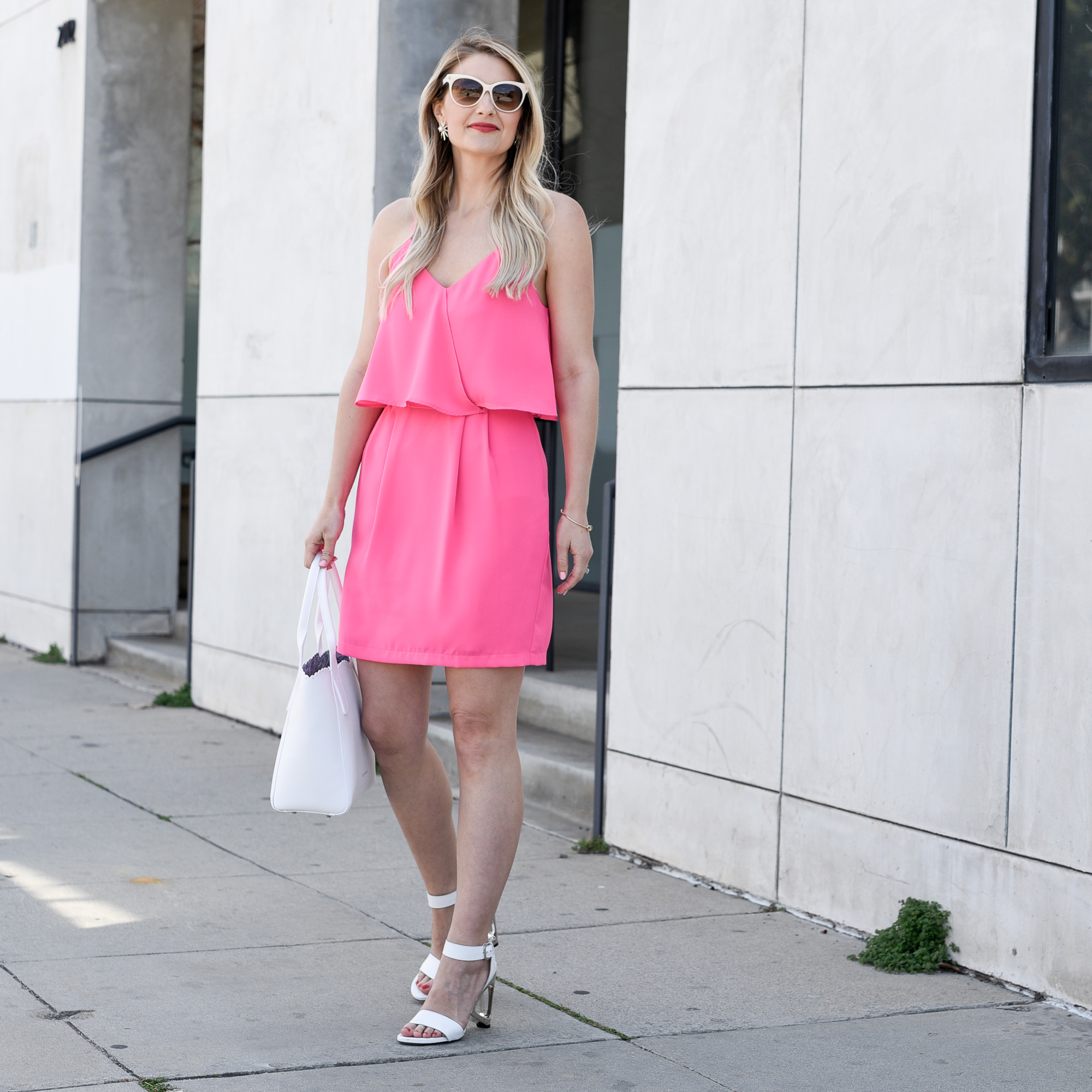 pink dress with white shoes