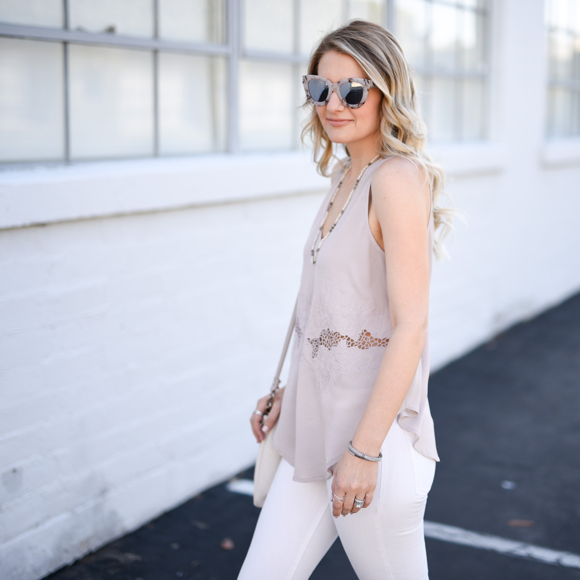 Embroidered floral cut out tank in blush pink 