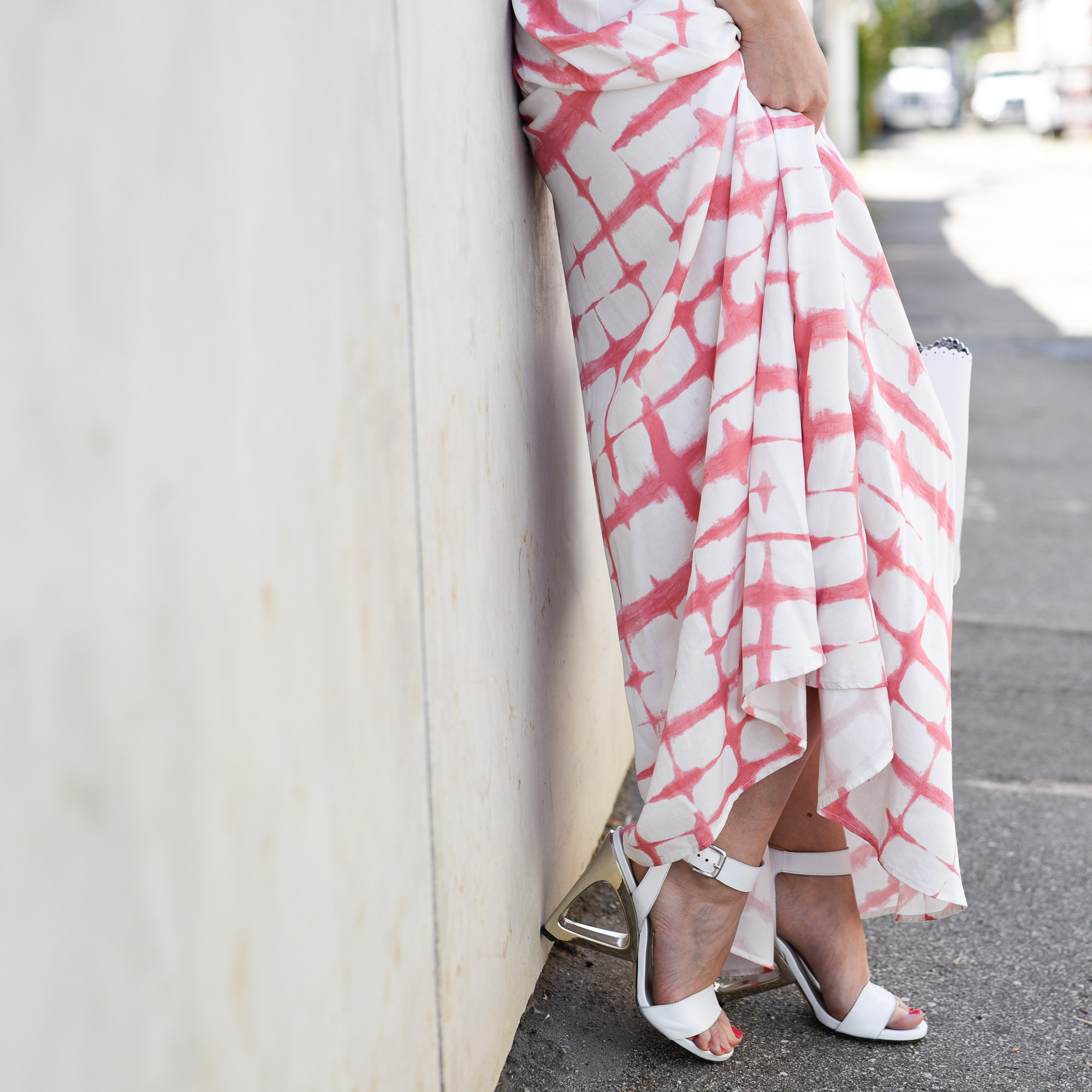 white strappy sandals with metallic heels 