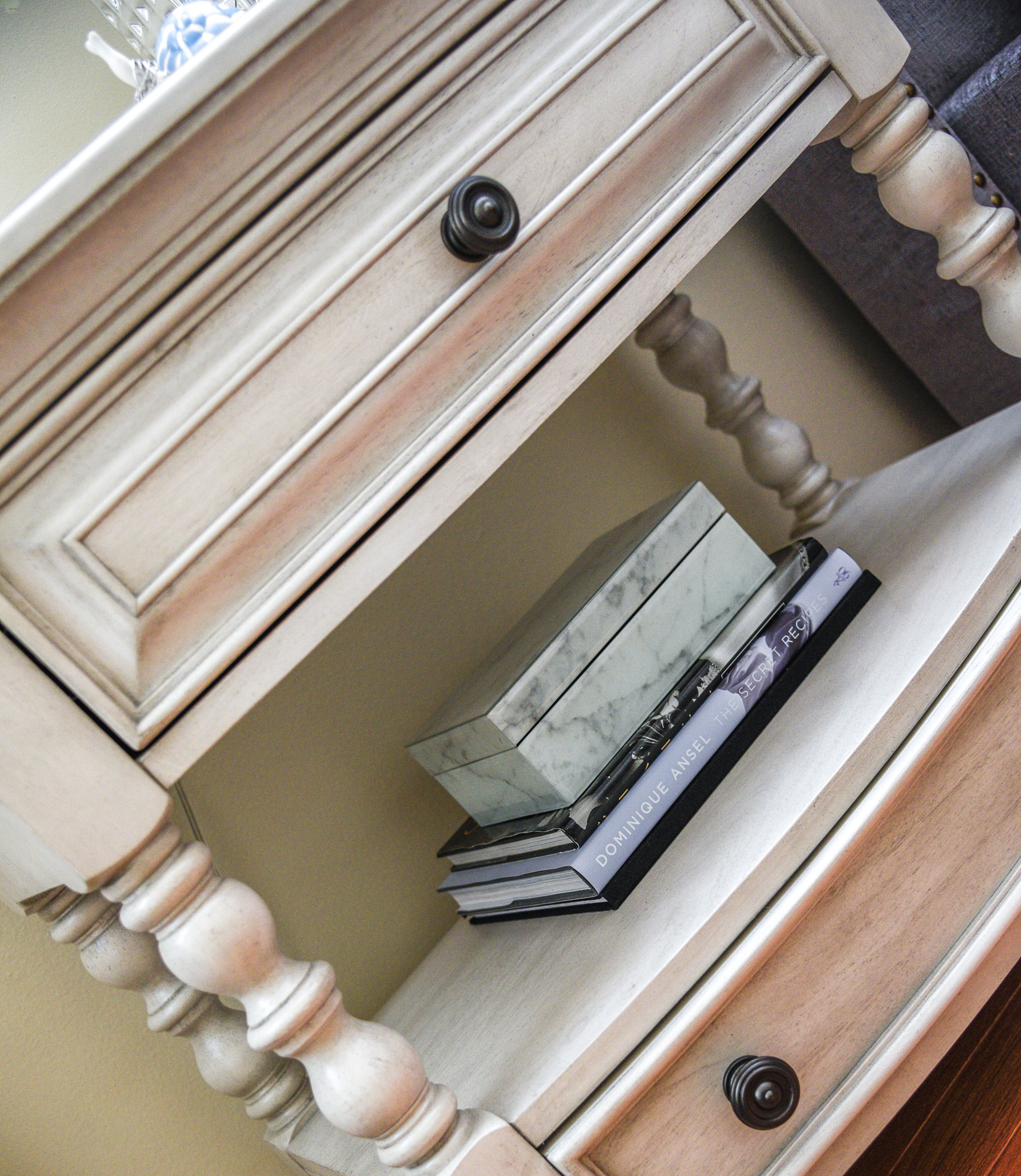 dove grey nightstand and marble jewelry box 