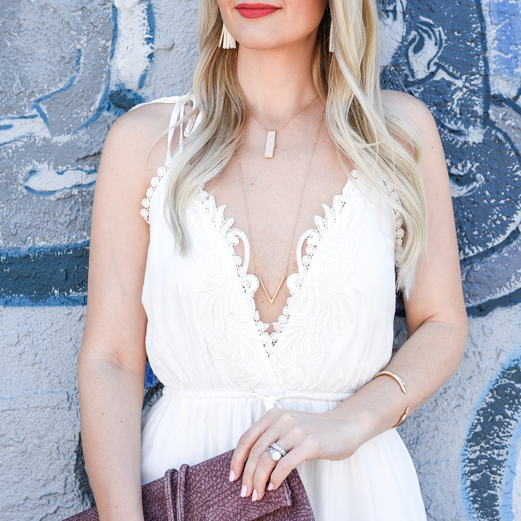 Layered gold necklaces.