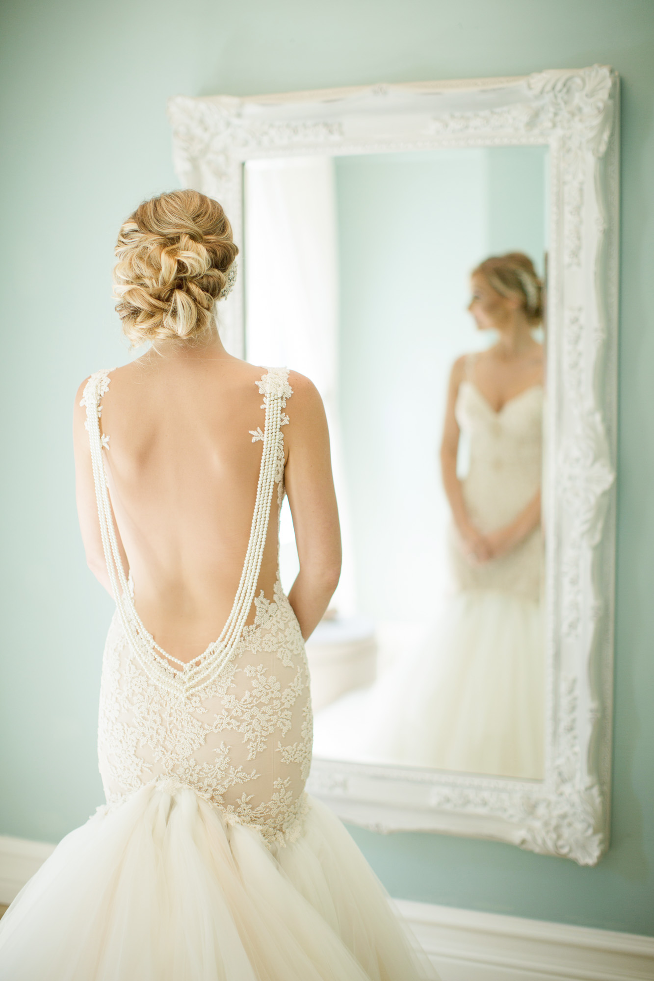 low back wedding dress with ivory pearls