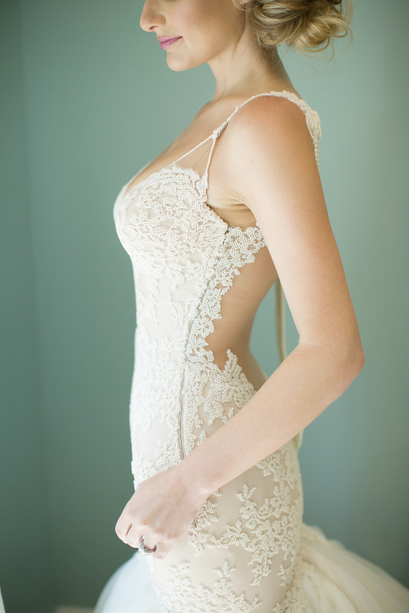 open back wedding dress with chic and stylish pearl details