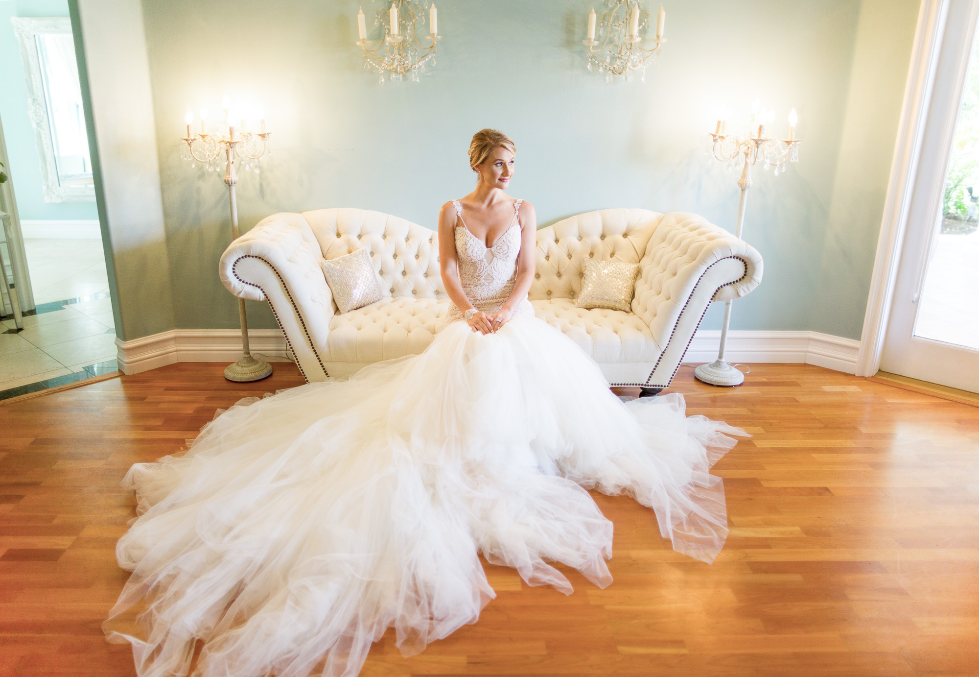 fitted pearl bodice with tulle skirt wedding dress 