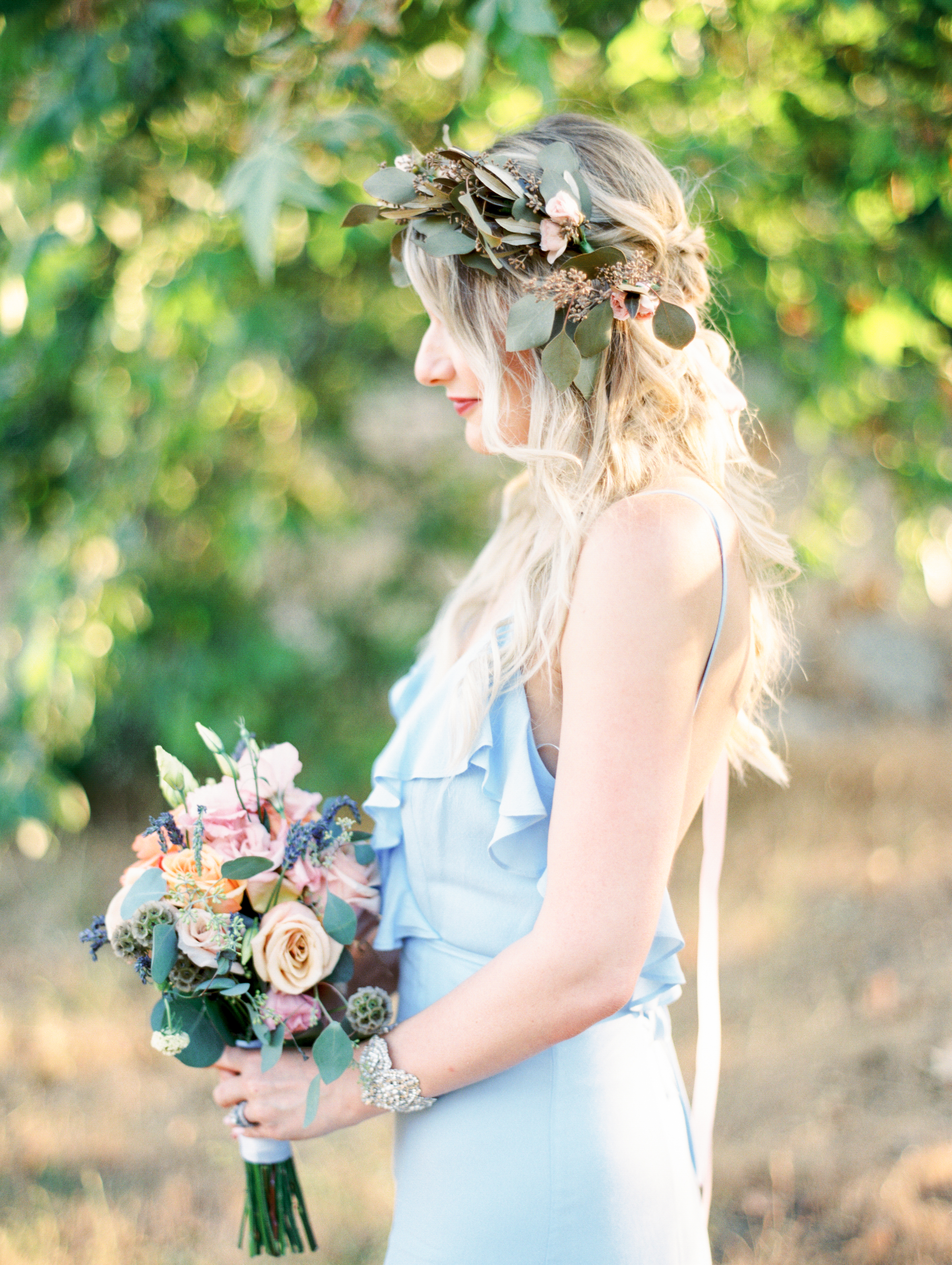 Flower crown with eucalyptus and baby's breath. 