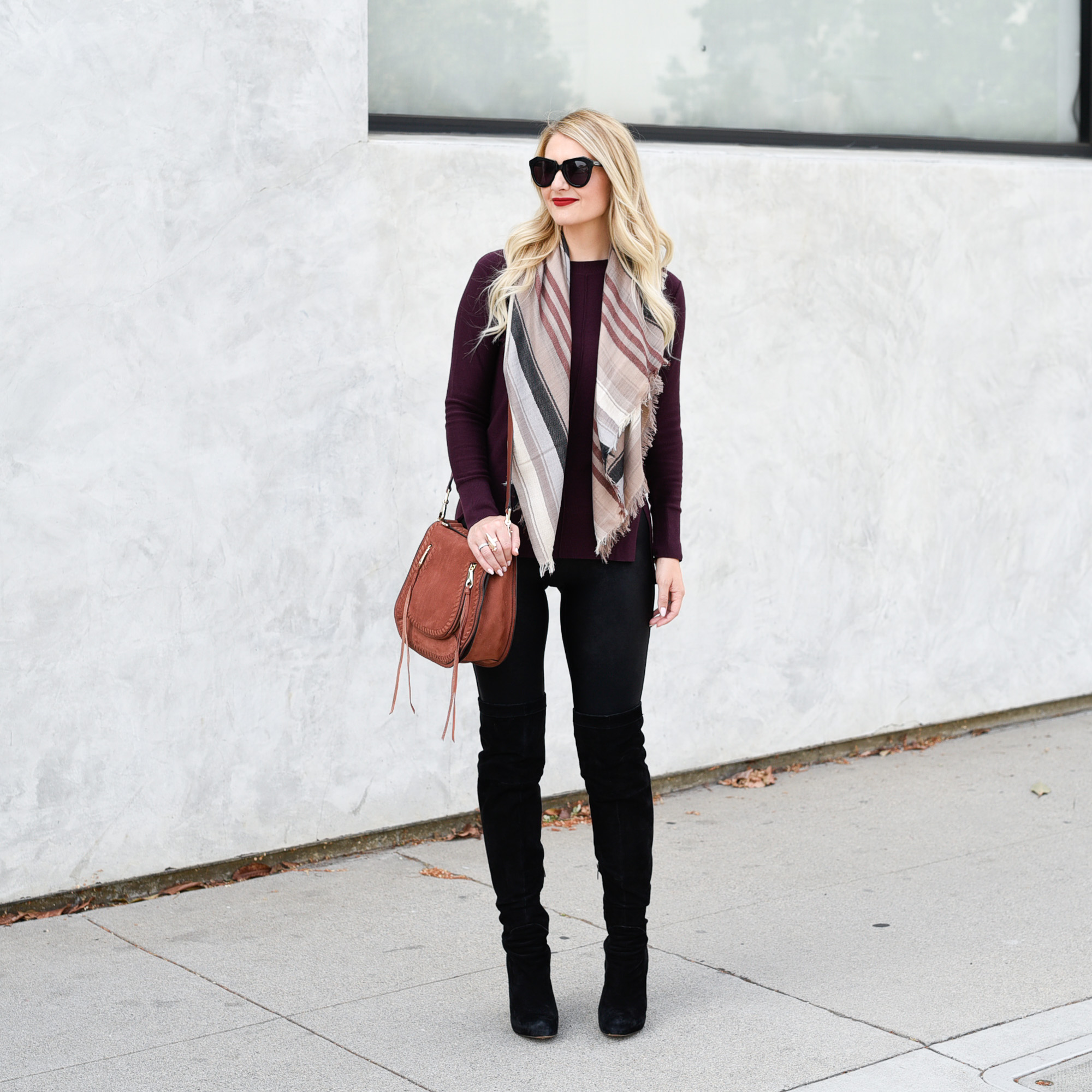 Burgundy tunic with plaid blanket scarf! 