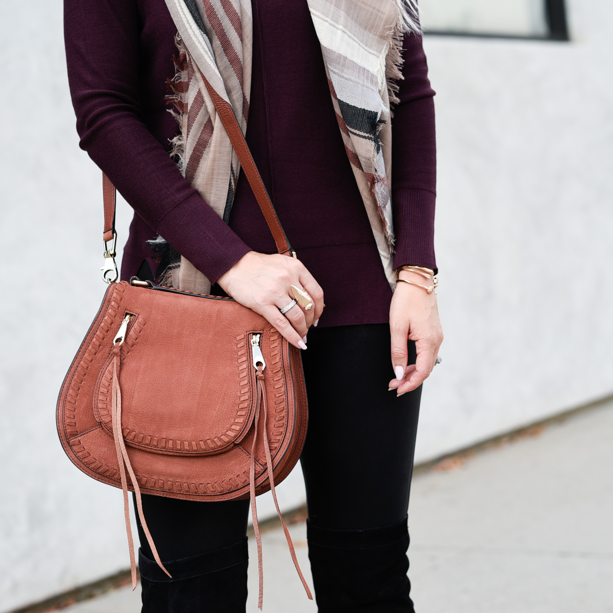 Rebecca Minkoff Saddle Bag and rose gold arrowhead ring. 