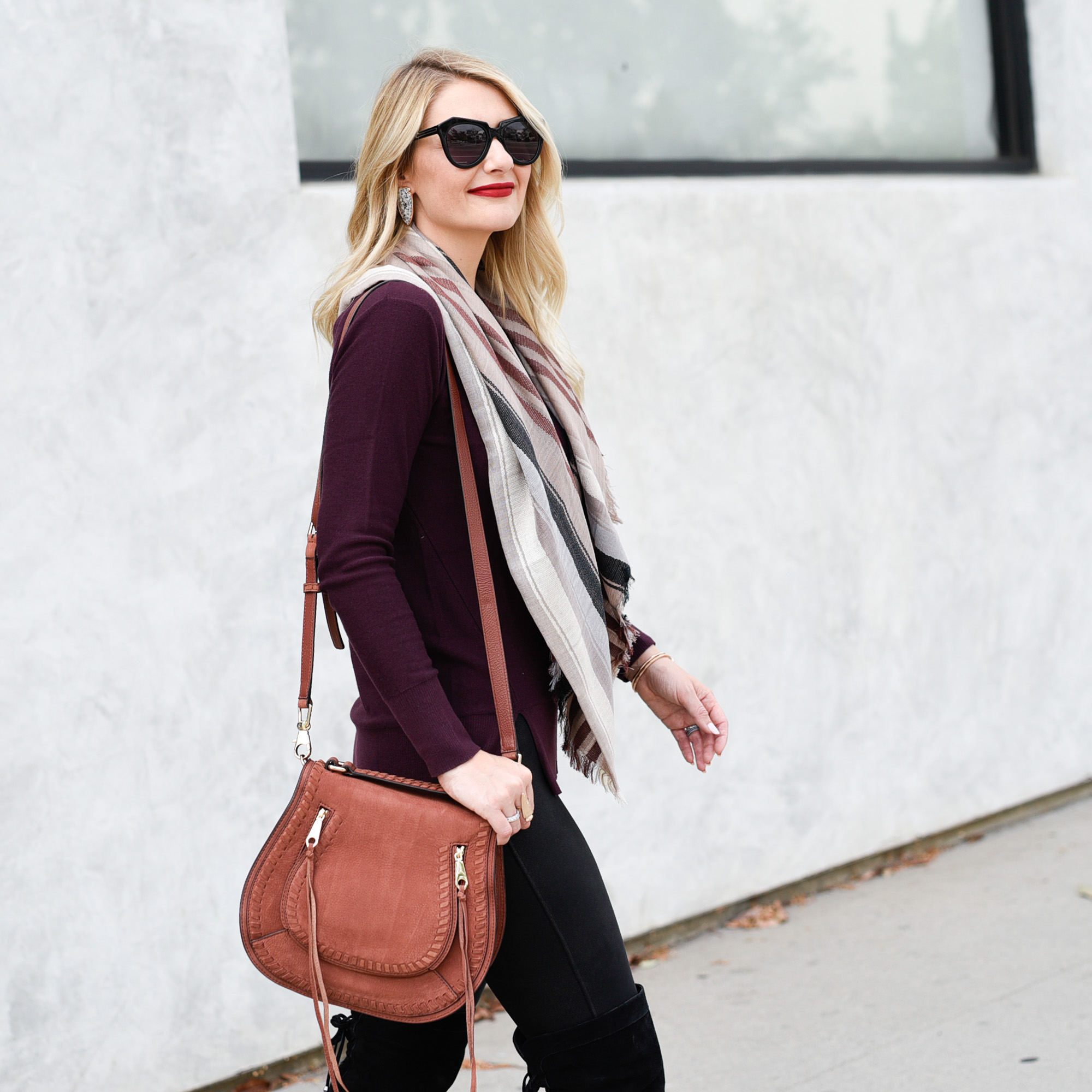Brown crossbody bag and a fall outfit. 