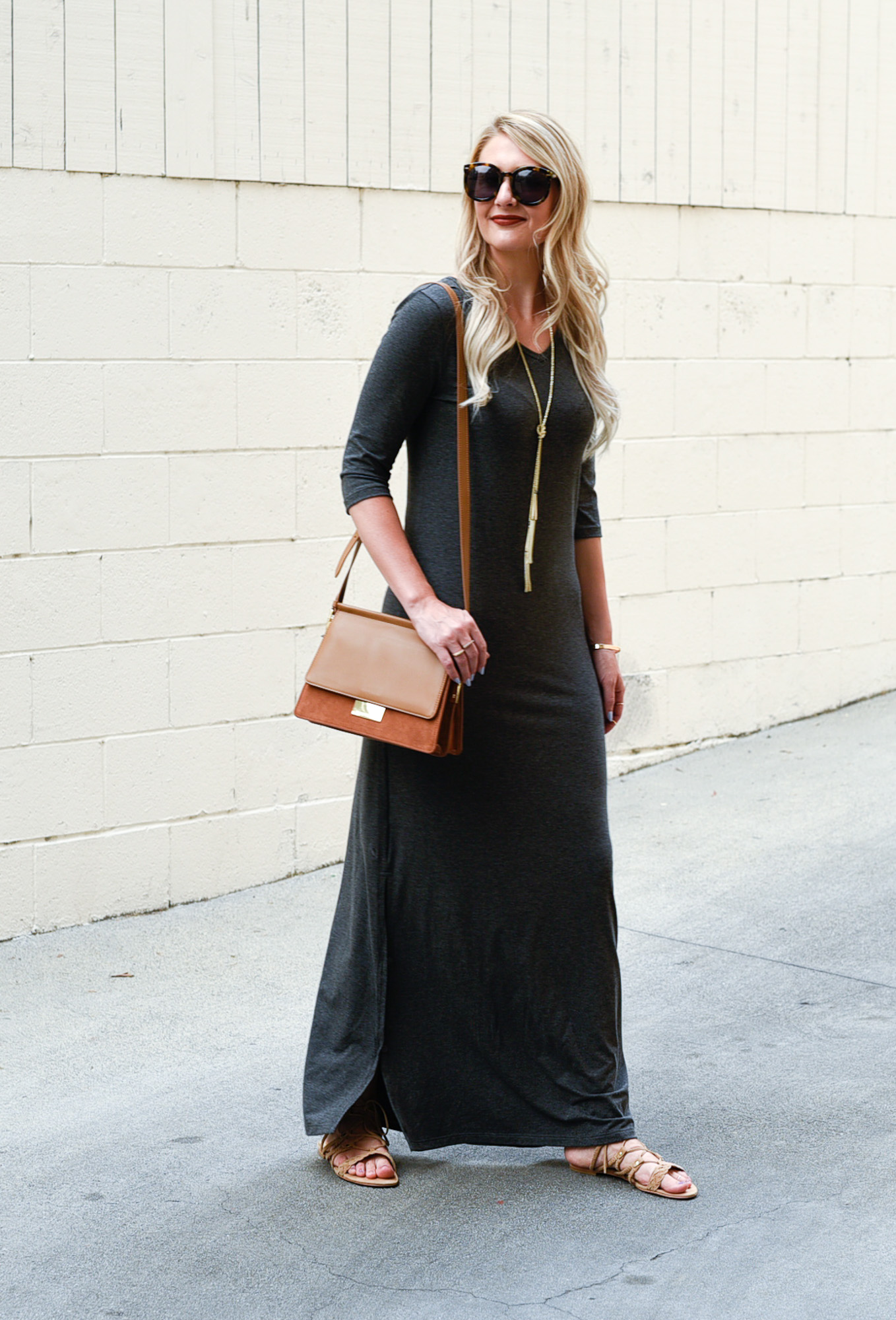 Heather gray maxi dress with sleeves. 