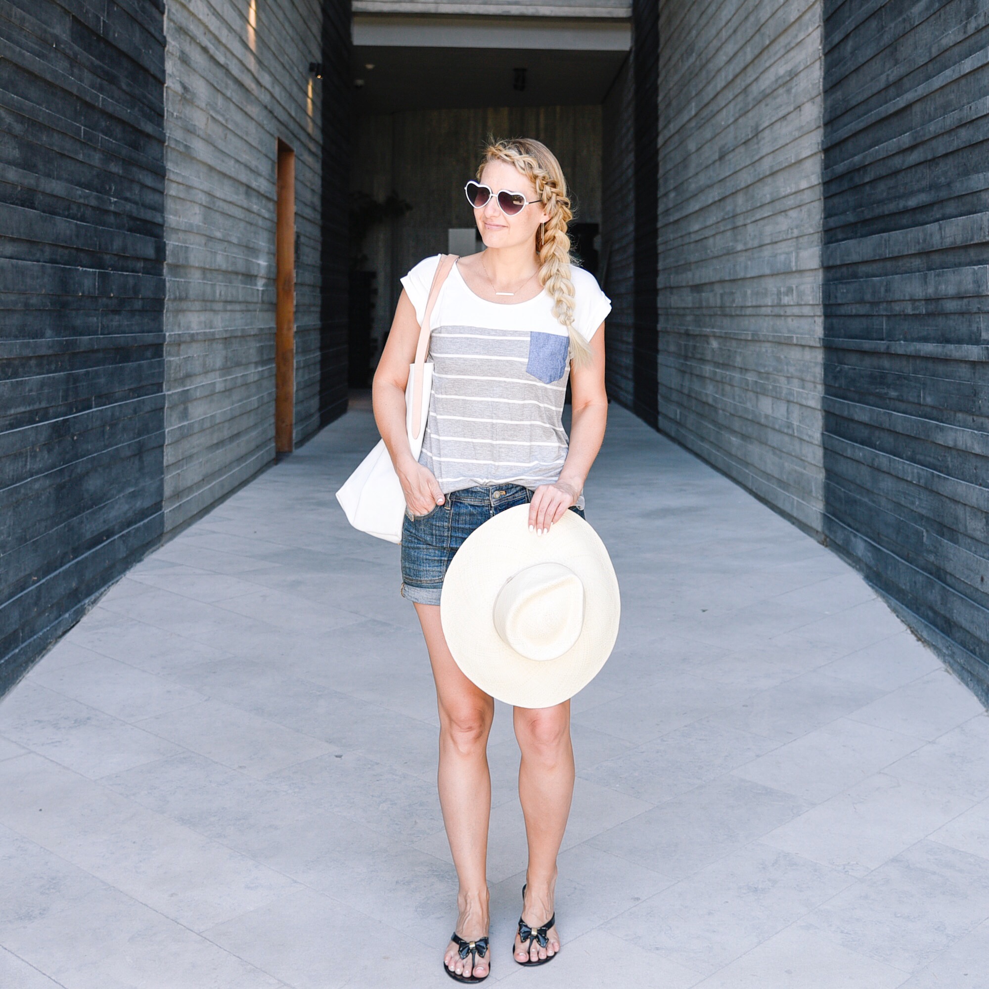 Striped tshirt with chambray pocket. Pool day look! 