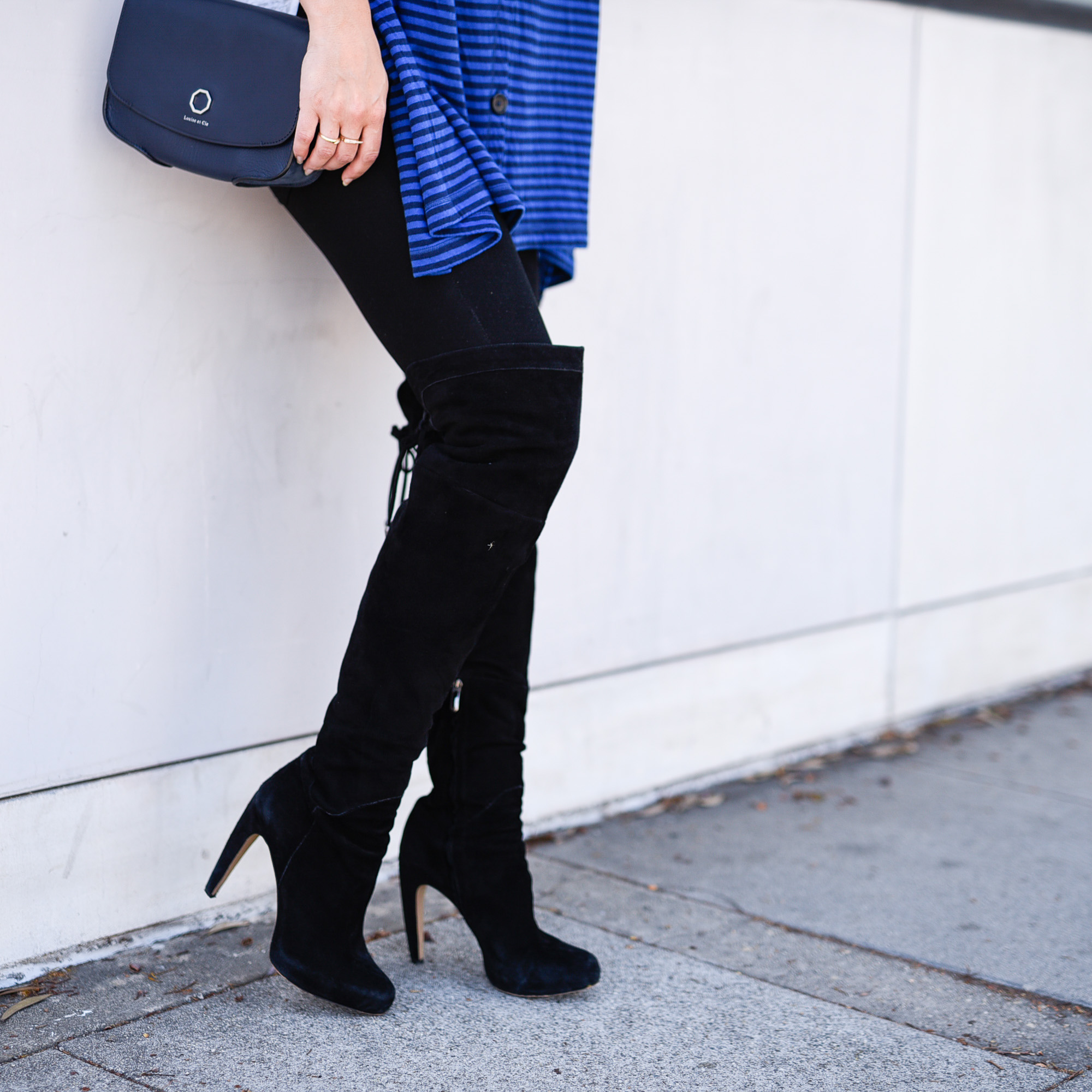 Black suede over the knee boots. 