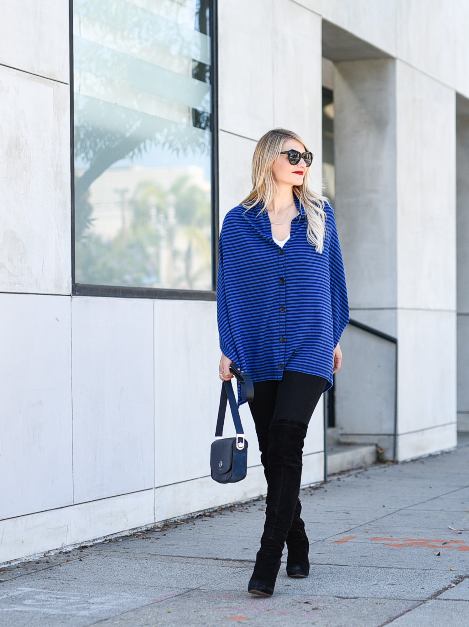 Black and blue striped shawl that can also be worn as a cape! 