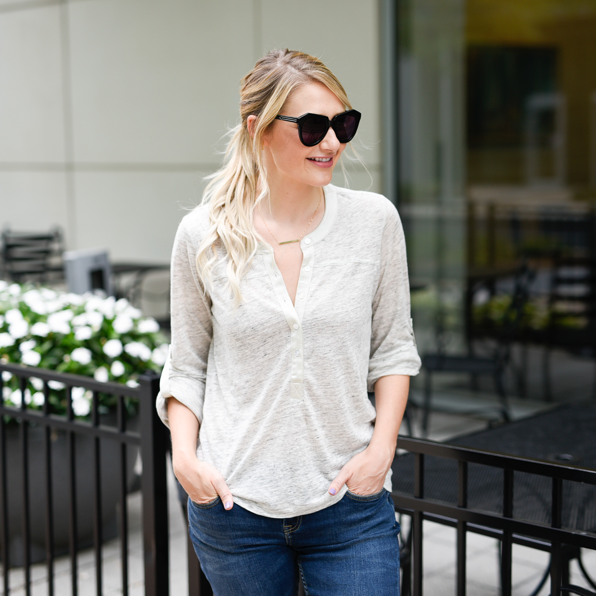 Jenna Colgrove wearing the Tommy Bahama Linnea Jersey Linen & Silk Henley from the fall collection! 
