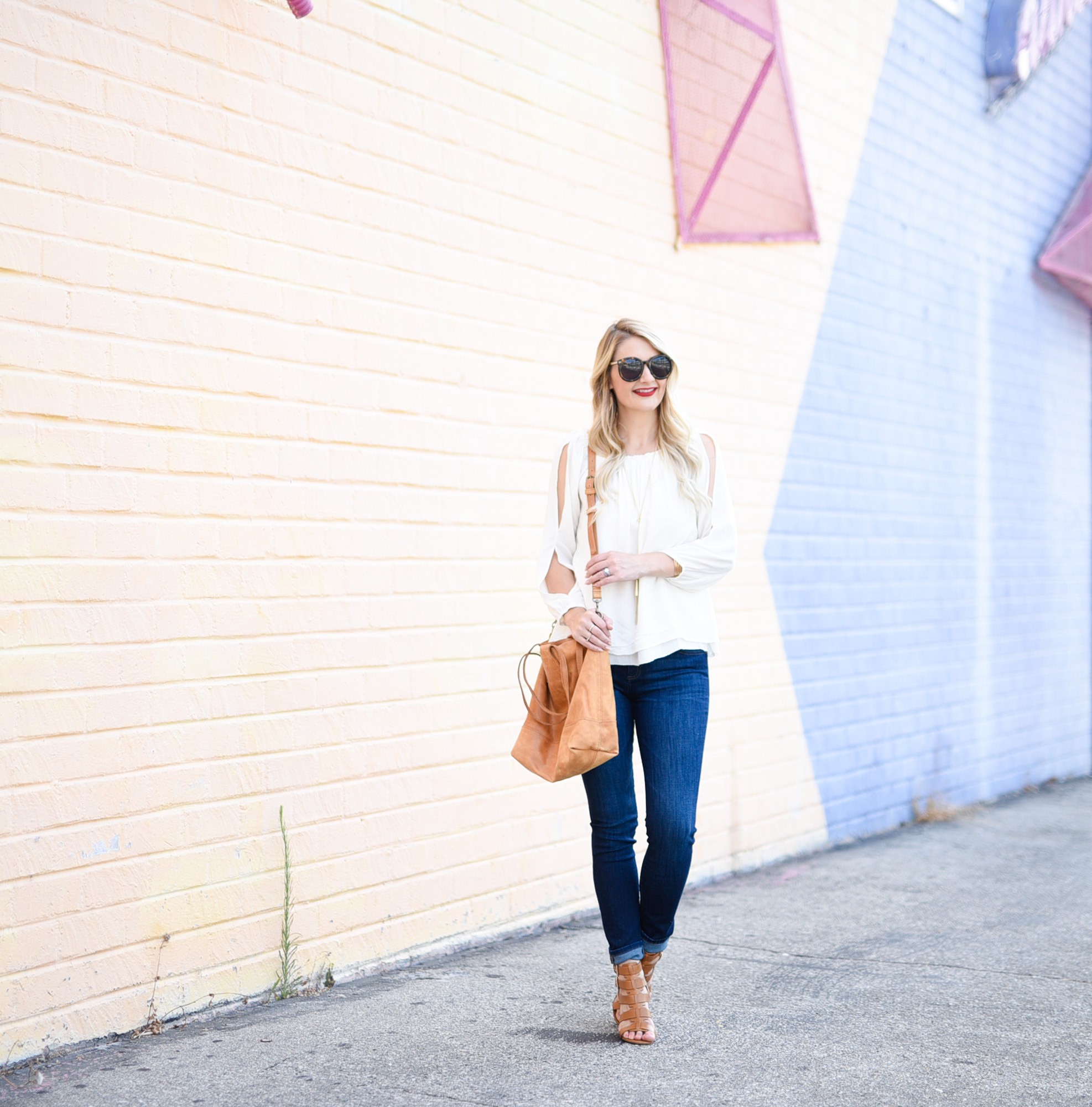 Jenna Colgrove in the Sanctuary Chantel Slit Sleeve Off the Shoulder Top in Los Angeles. 