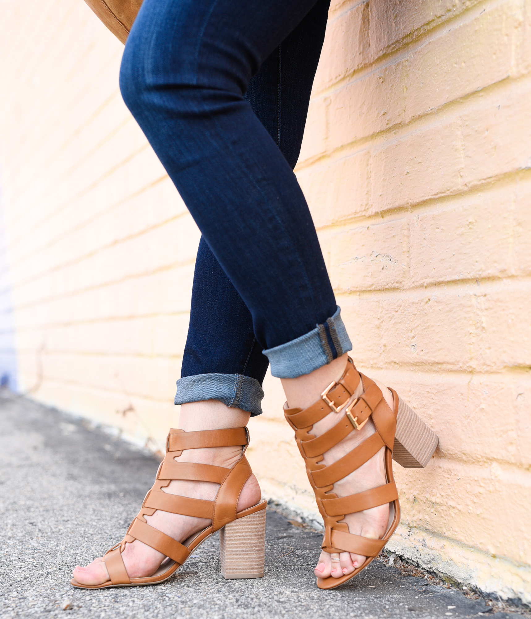 Cognac sandals with lots of buckles! 