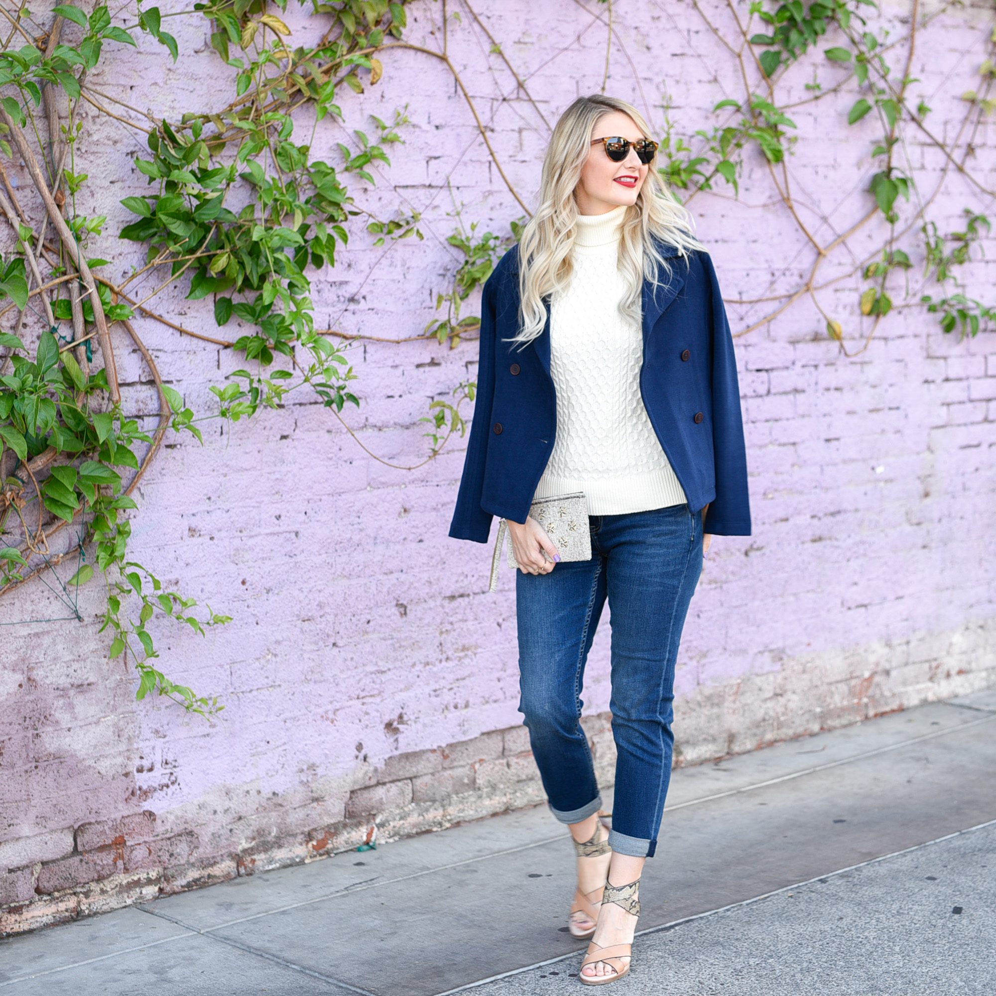 Jenna Colgrove wearing the Tommy Bahama Havana Blues cable turtleneck sweater.