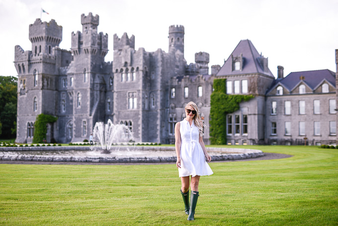 Jenna Colgrove wearing an Anthropologie shirtdress at Ashford Castle in Cong, Ireland.