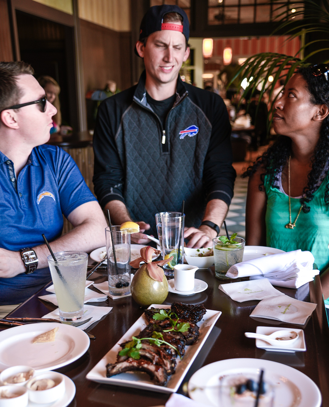 Talking about sports at Tommy Bahama Island Grille. 