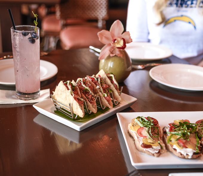 Ahi Tuna Tacos and Goat Cheese Bruscetta at Tommy Bahama Island Grille. 