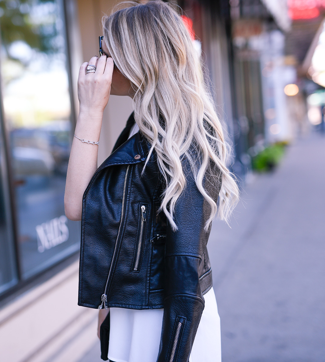 Jenna Colgrove in a structured black faux leather Easy Rider jacket by Blank NYC