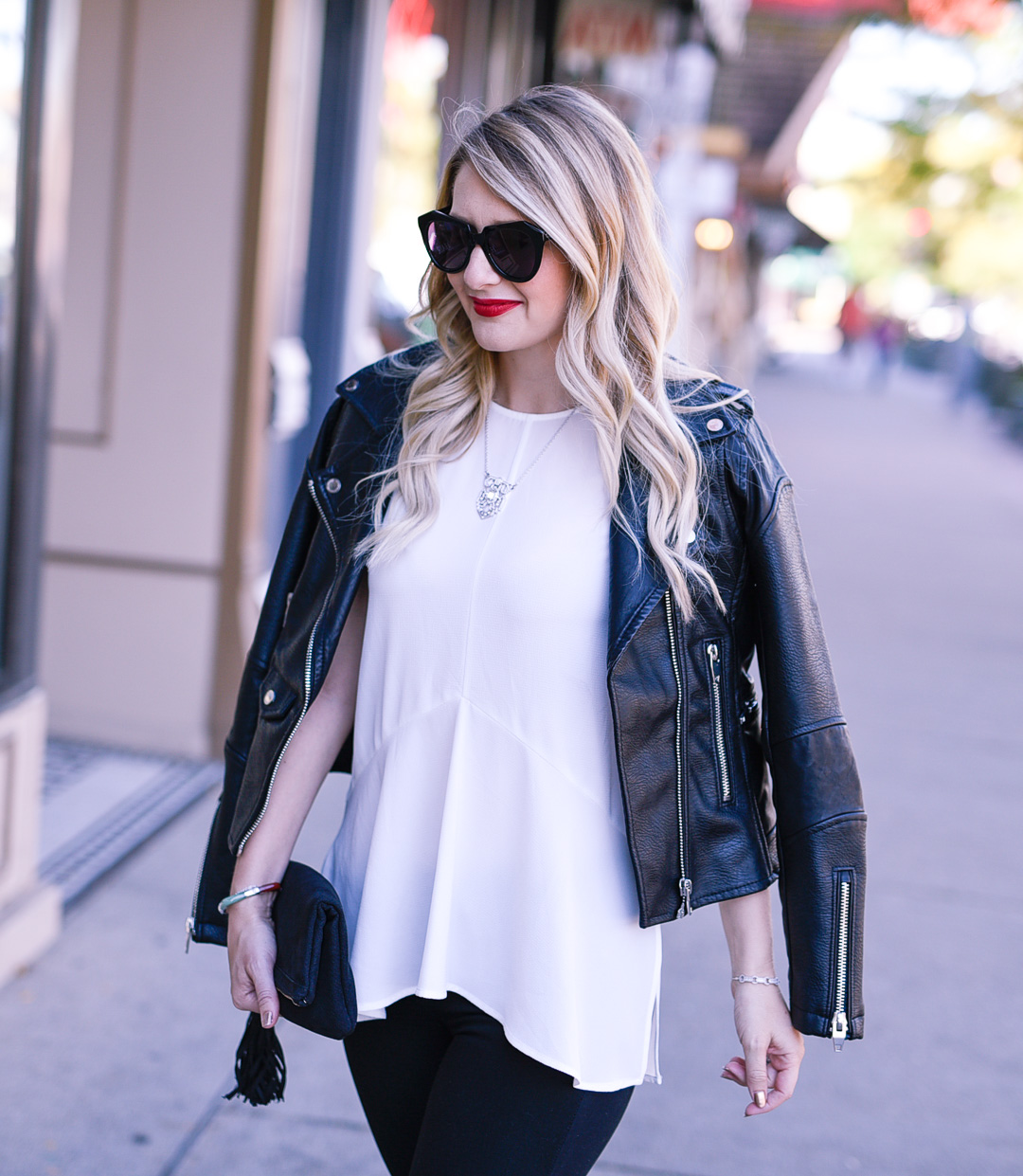 Jenna Colgrove wearing the Blank NYC Easy Rider Leather Jacket and JTV Titanic necklace.