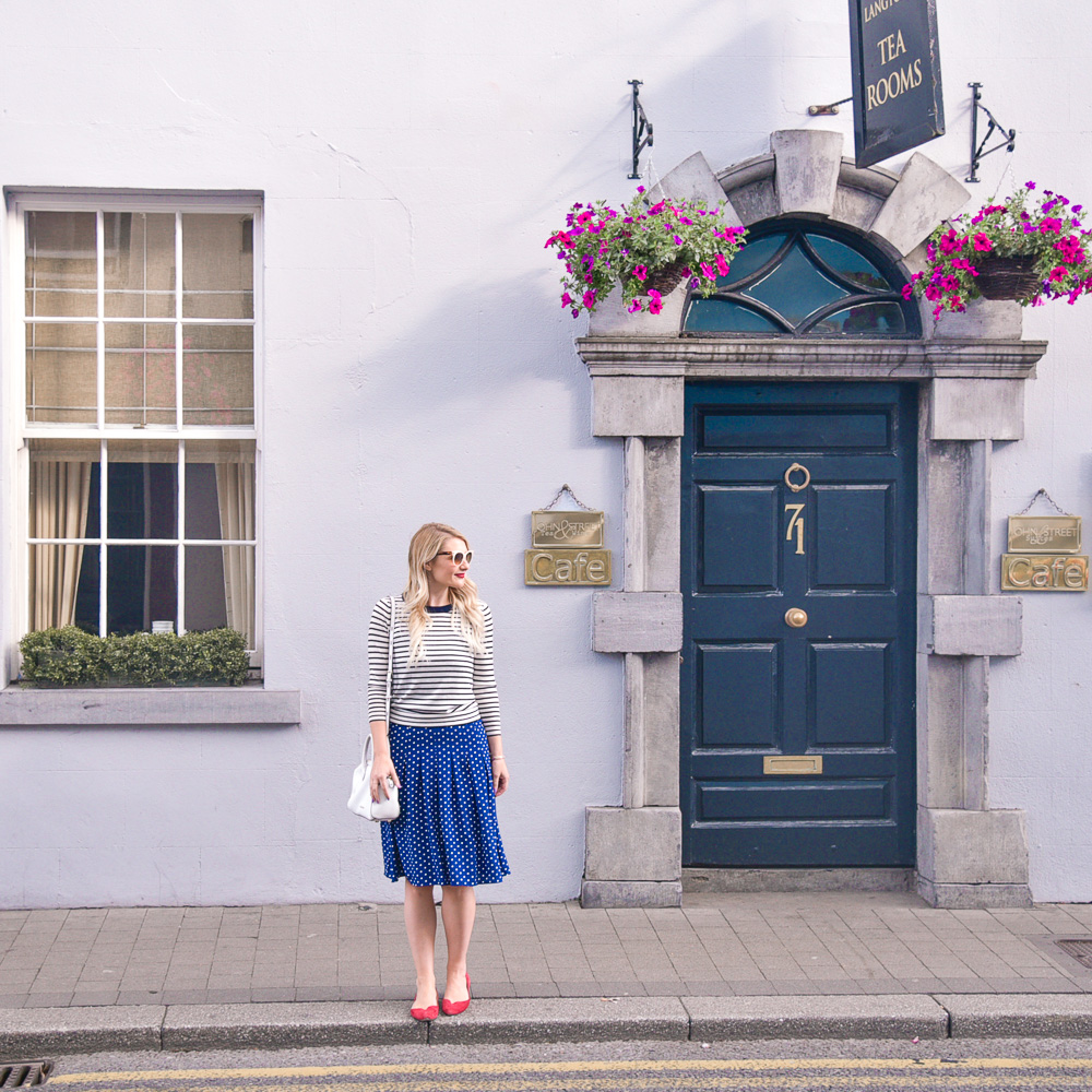 Jenna Colgrove in front of the Langham Tea Rooms in Kilkenny wearing a J.Crew crewneck sweater and spaghetti strapped dress! 