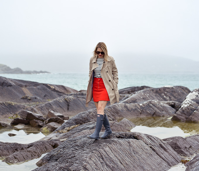 Jenna Colgrove wearing a beige double breasted trench coat at Derrynane Beach, Ireland. 