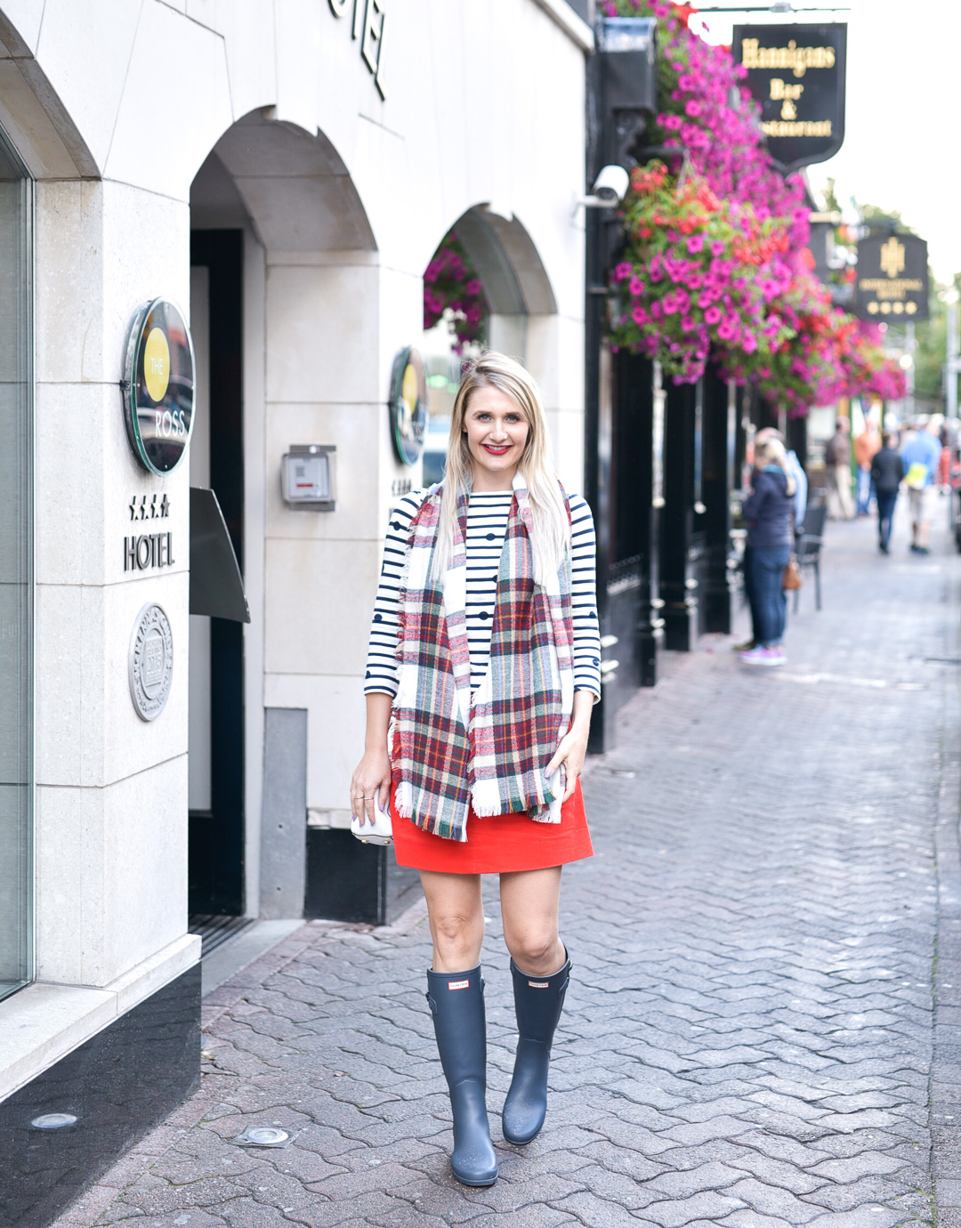 Jenna Colgrove mixing prints: plaid, stripes, and polka dots in Killarney, Ireland. 