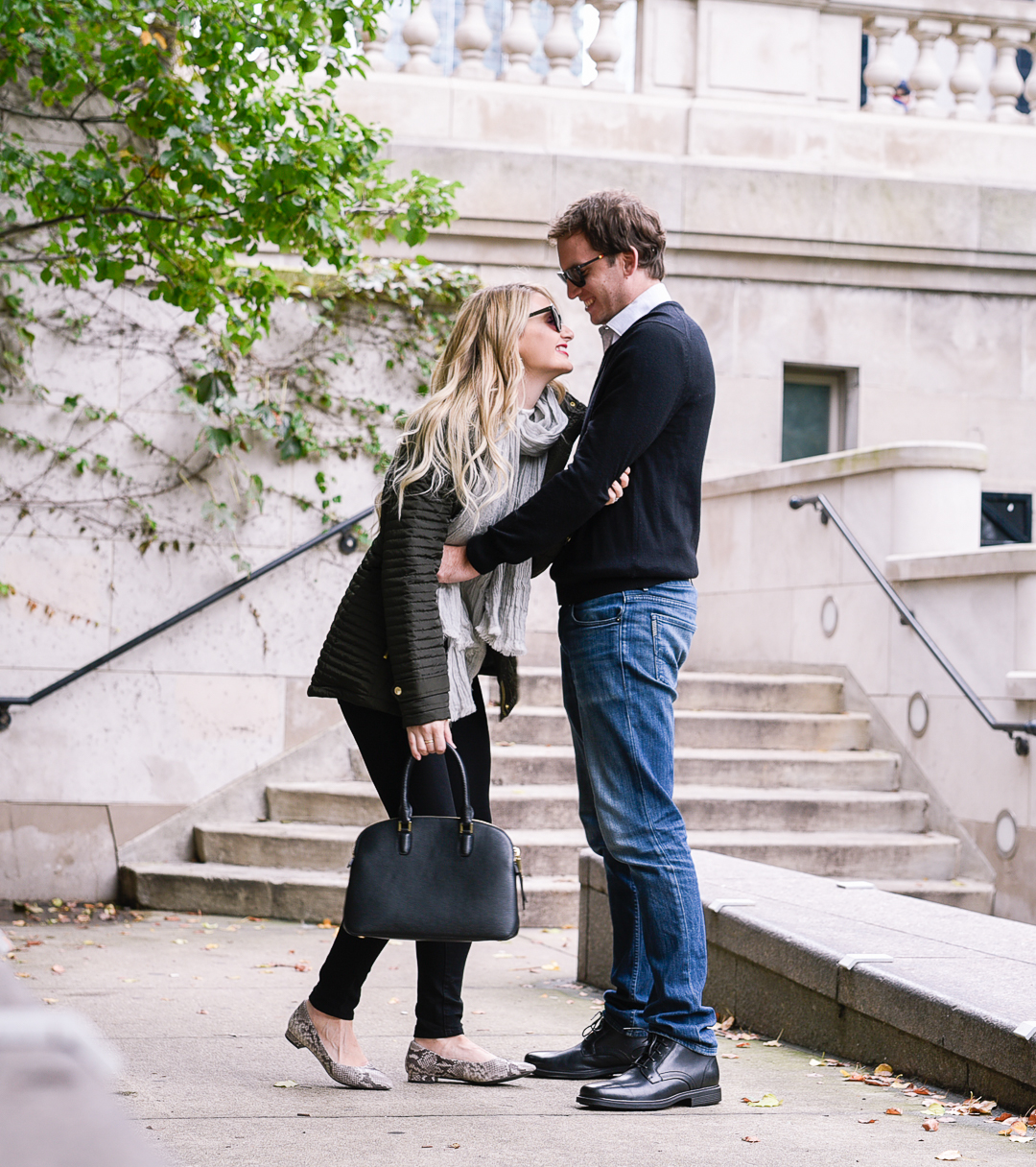 Jenna Colgrove and her husband in Rockport footwear at Chicago's Riverwalk. - Friday Five: 5 Winter Date Ideas by Chicago style blogger Visions of Vogue