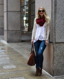 Jenna Colgrove wearing distressed skinnies, brown suede booties, and a red infinity scarf.