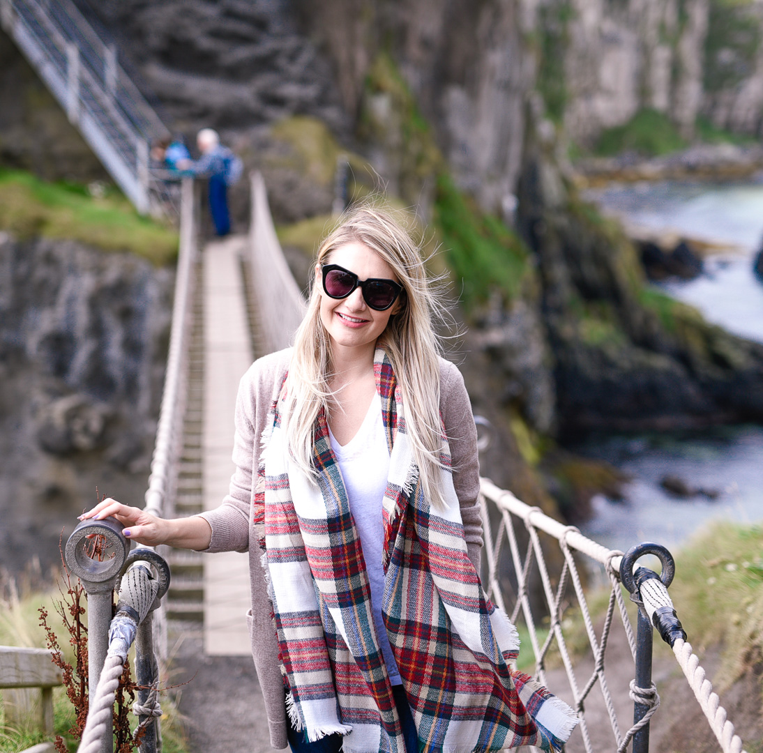 Jenna Colgrove in the Nordstrom BP Cardigan at Carrick-A-Rede Rope Bridge. 