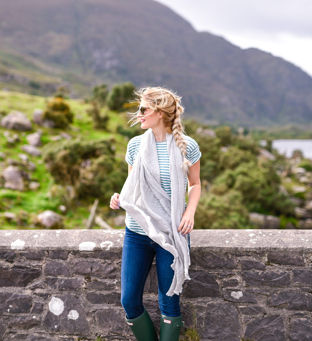 Jenna Colgrove wearing a Madewell Striped Tee at the Gap of Dunloe, Ireland.