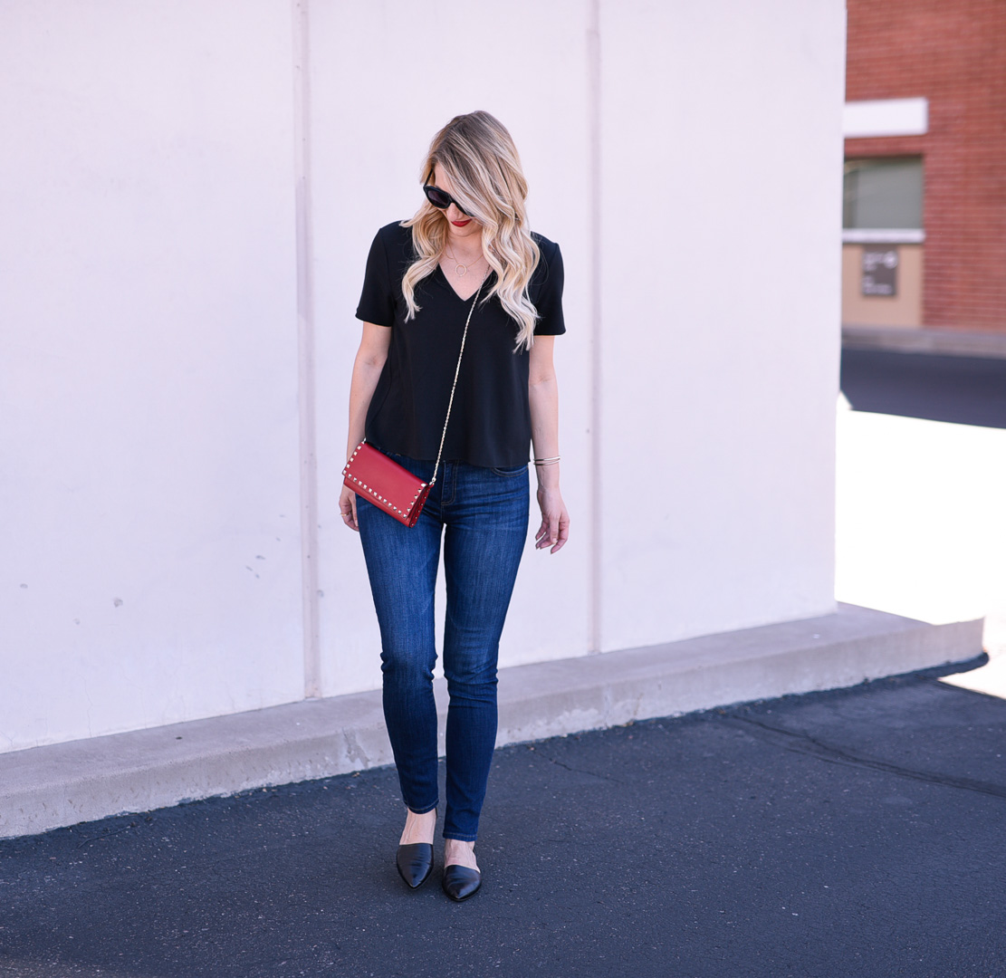 Jenna Colgrove wearing a Valentino Rockstud Wallet and Jenni Kayne D'Orsay flats. 