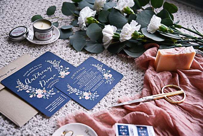 Navy and blush wedding invitations from Minted. 