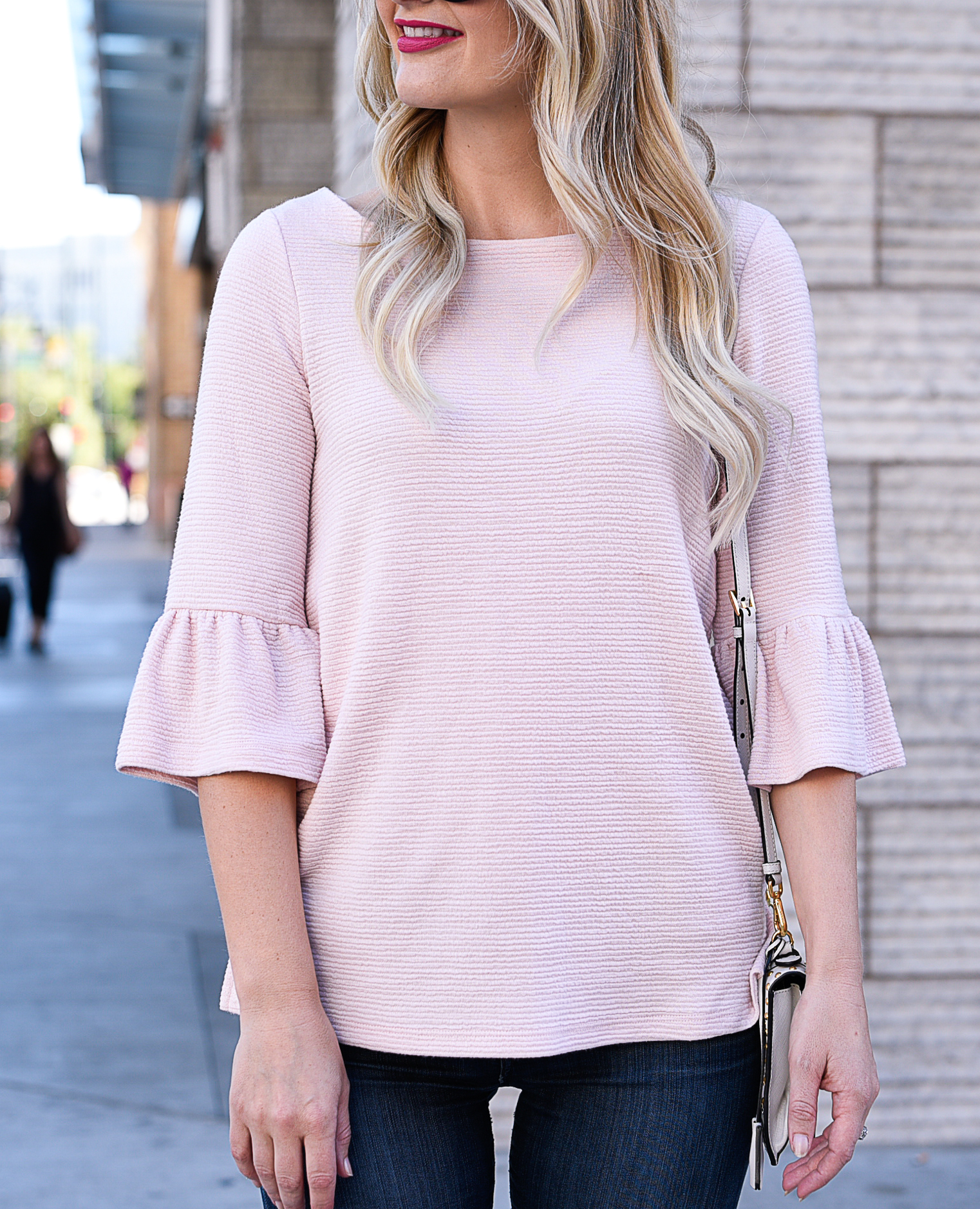 Blush pink bell sleeve top. 