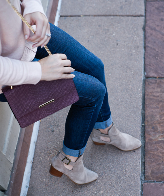 Jenna Colgrove wearing the Sole Society Olive Split Shaft Booties in coffee suede.