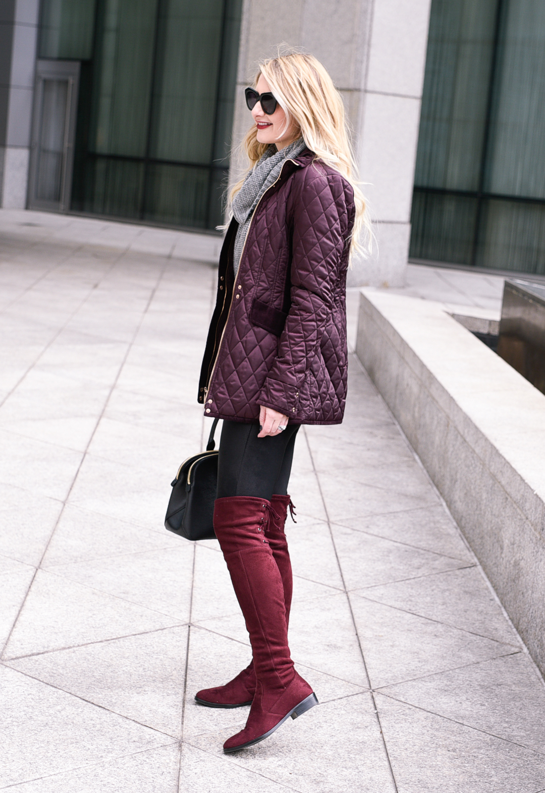 Jenna Colgrove wearing a comfortable quilted jacket, Spanx leggings, and suede otk boots. 